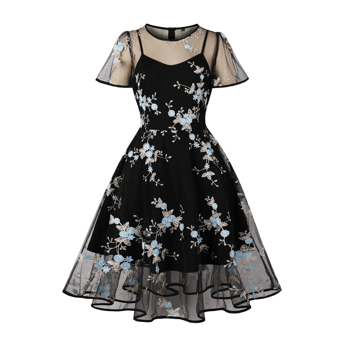 Women Mesh Floral Embroidery Vintage Cocktail Swing Dress Illusion 50s Goth Flared A line Casual Wedding Prom Evening Dress