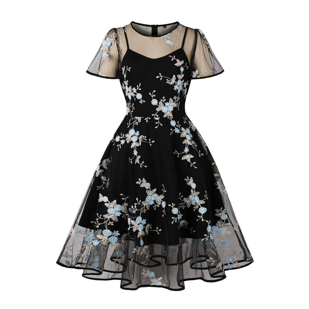 Women Mesh Floral Embroidery Vintage Cocktail Swing Dress Illusion 50s Goth Flared A line Casual Wedding Prom Evening Dress