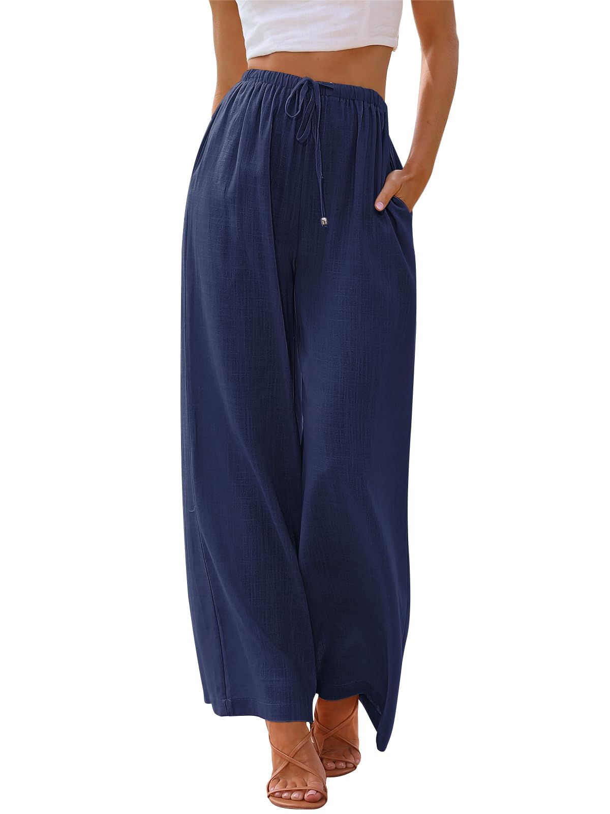 LILLUSORY Women's Linen Summer Palazzo Pants Flowy Wide Leg Beach Pants with Pockets