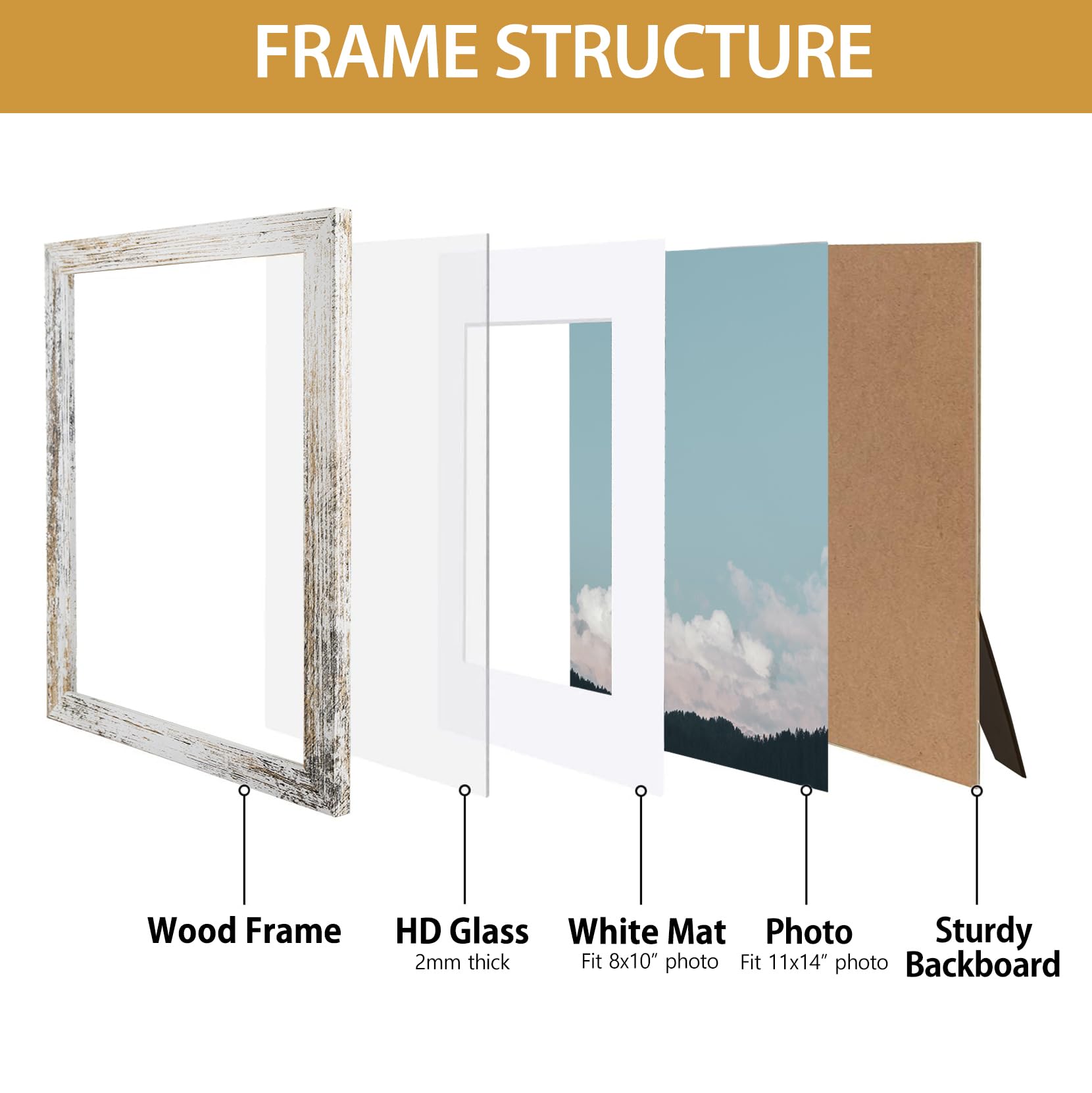 Califortree Black 11x14 Picture Frame - Display Photos 8x10 with Mat or 11x14 Without Mat - HD Glass Inside, Set of 2