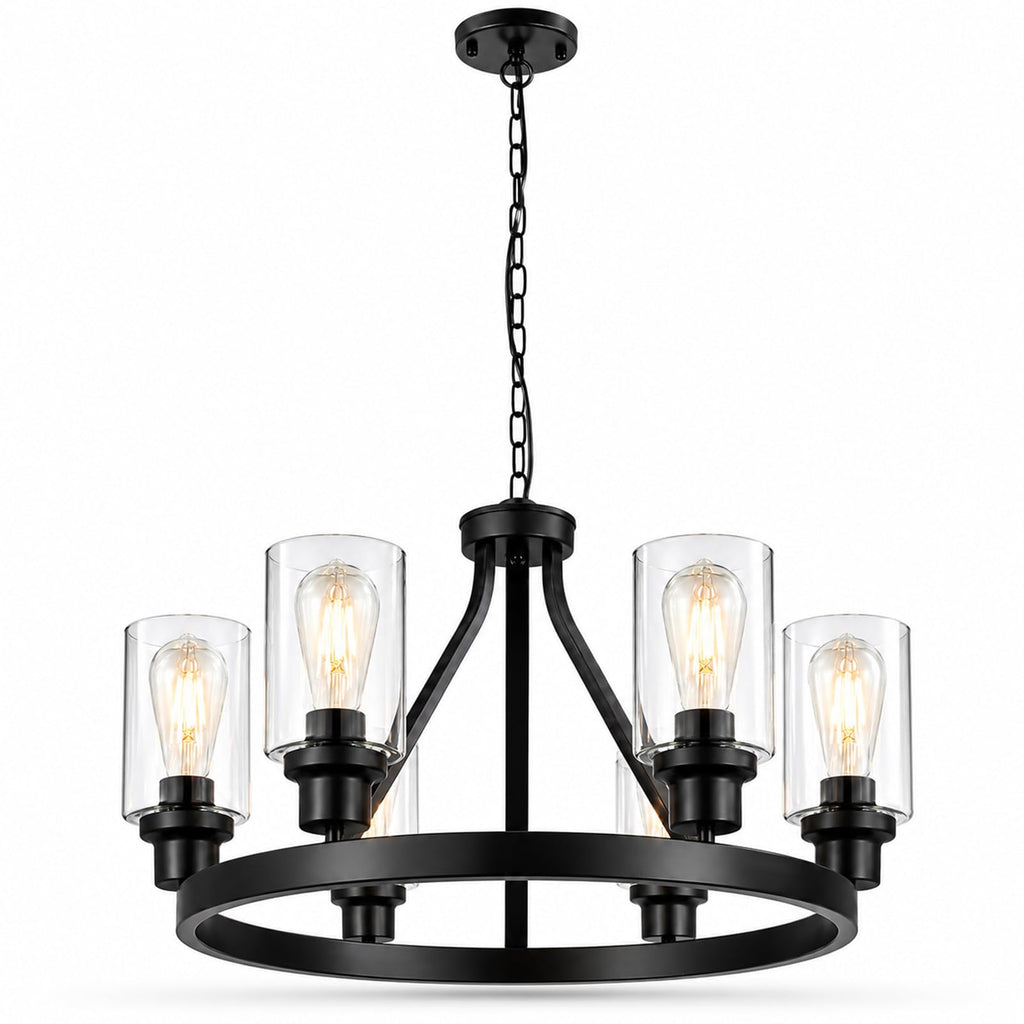 Lanhall 6-Light Modern Dining Room Light Fixture Brushed Nickel Kitchen Chandelier Ceiling Hanging Pendant Lighting with Glass Shade for Living Room Bedroom Entryway Adjustable Height Metal E26