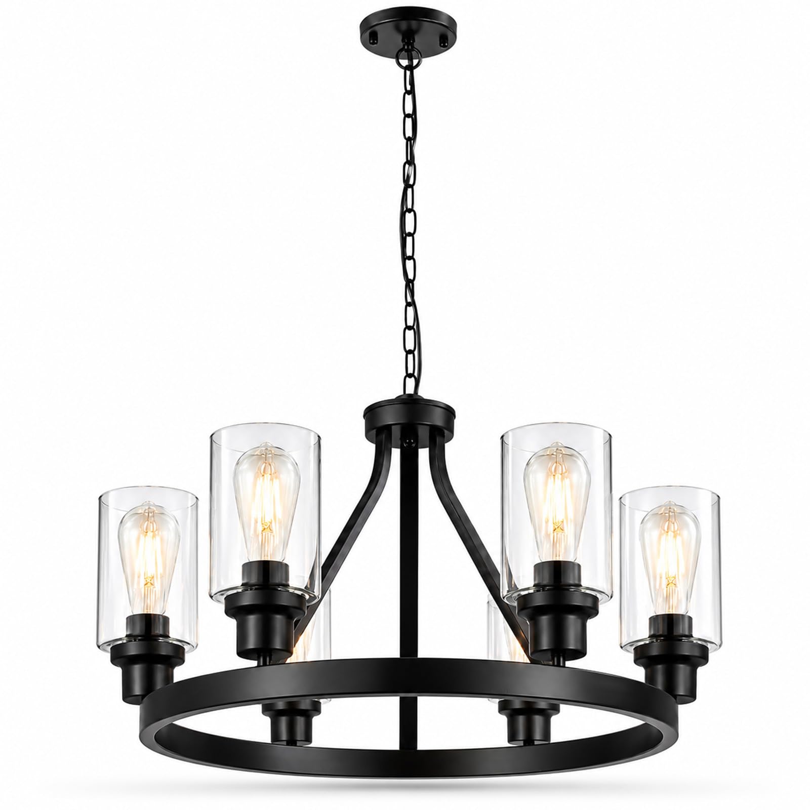 Lanhall 6-Light Modern Dining Room Light Fixture Brushed Nickel Kitchen Chandelier Ceiling Hanging Pendant Lighting with Glass Shade for Living Room Bedroom Entryway Adjustable Height Metal E26