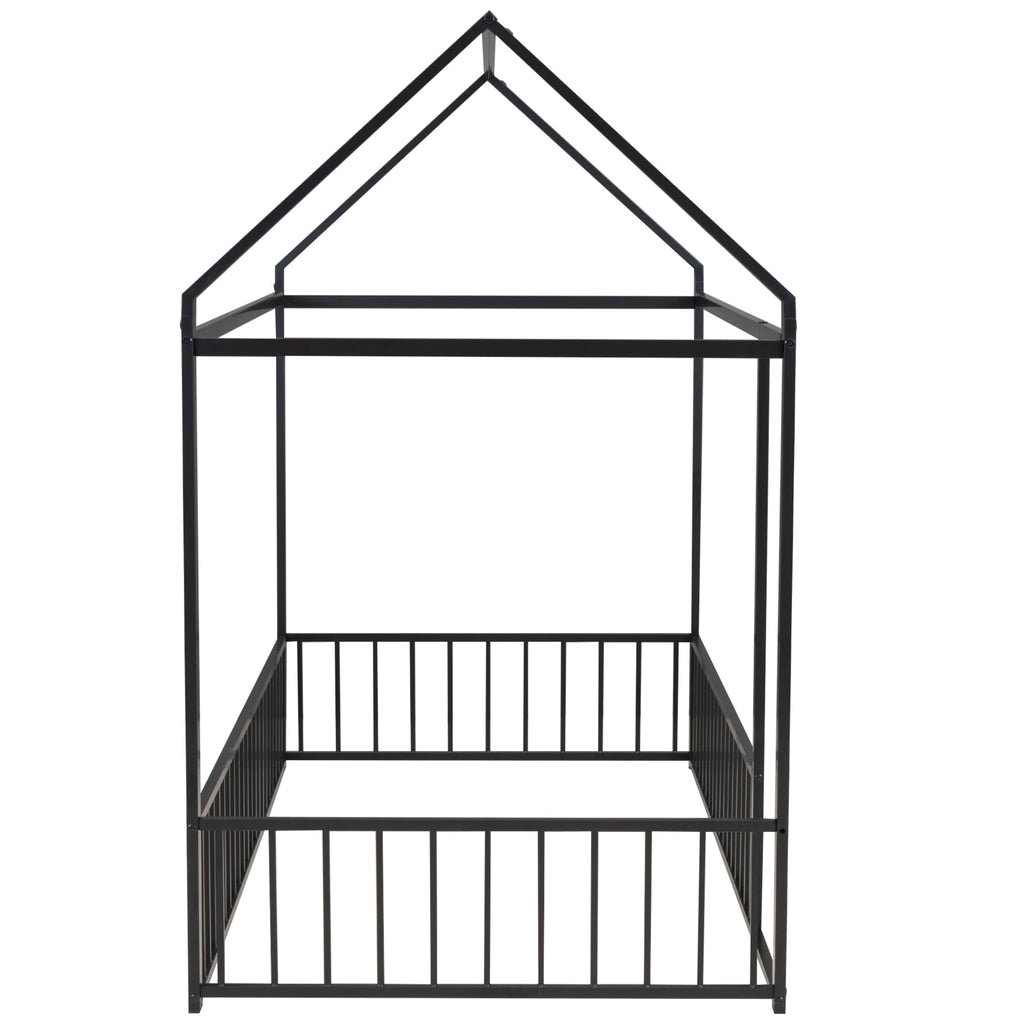Bellemave Twin Size Montessori Floor Bed, Metal House Bed Framefor Kids, Montessori Floor Beds with Fence, Playhouse for Kids,Black