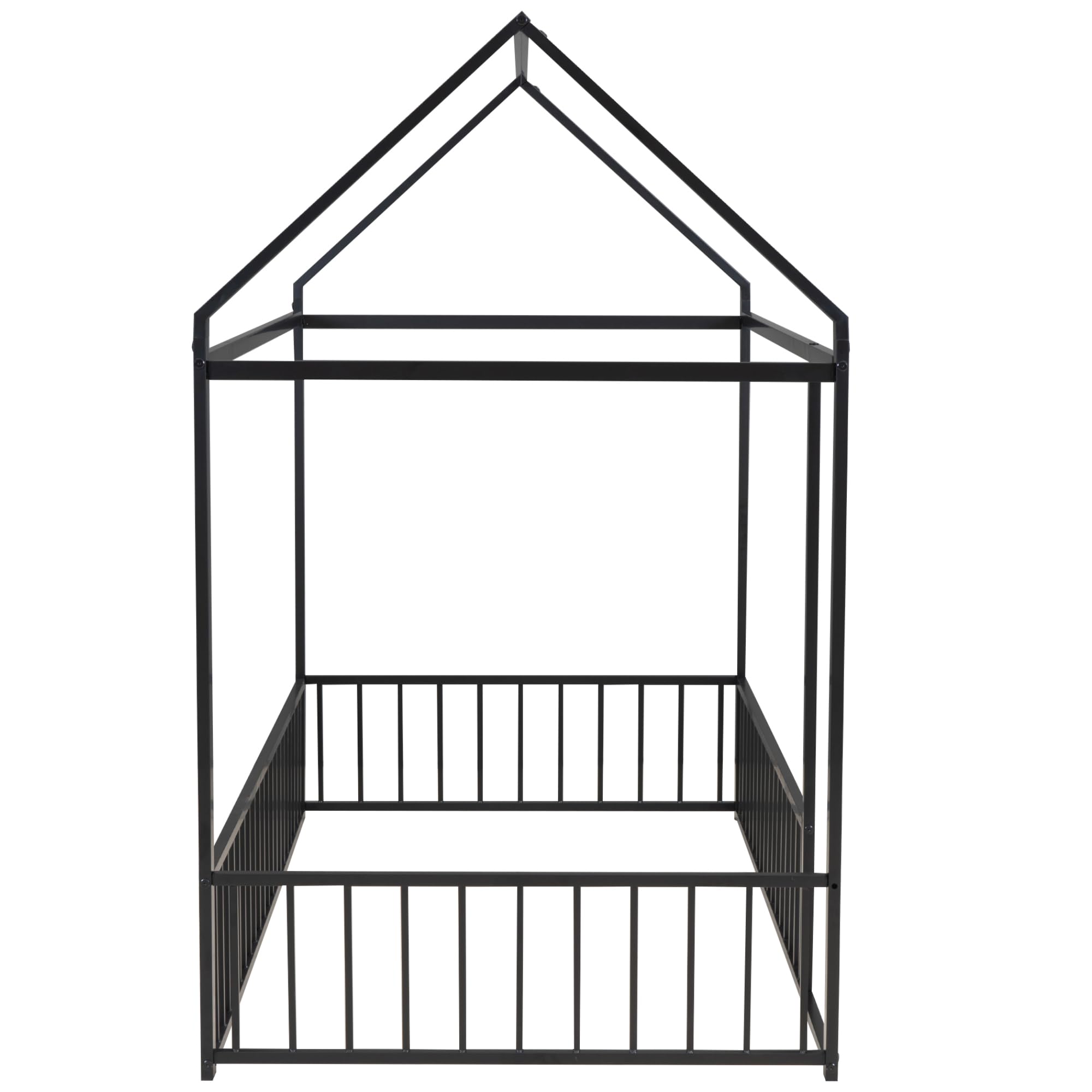 Bellemave Twin Size Montessori Floor Bed, Metal House Bed Framefor Kids, Montessori Floor Beds with Fence, Playhouse for Kids,Black