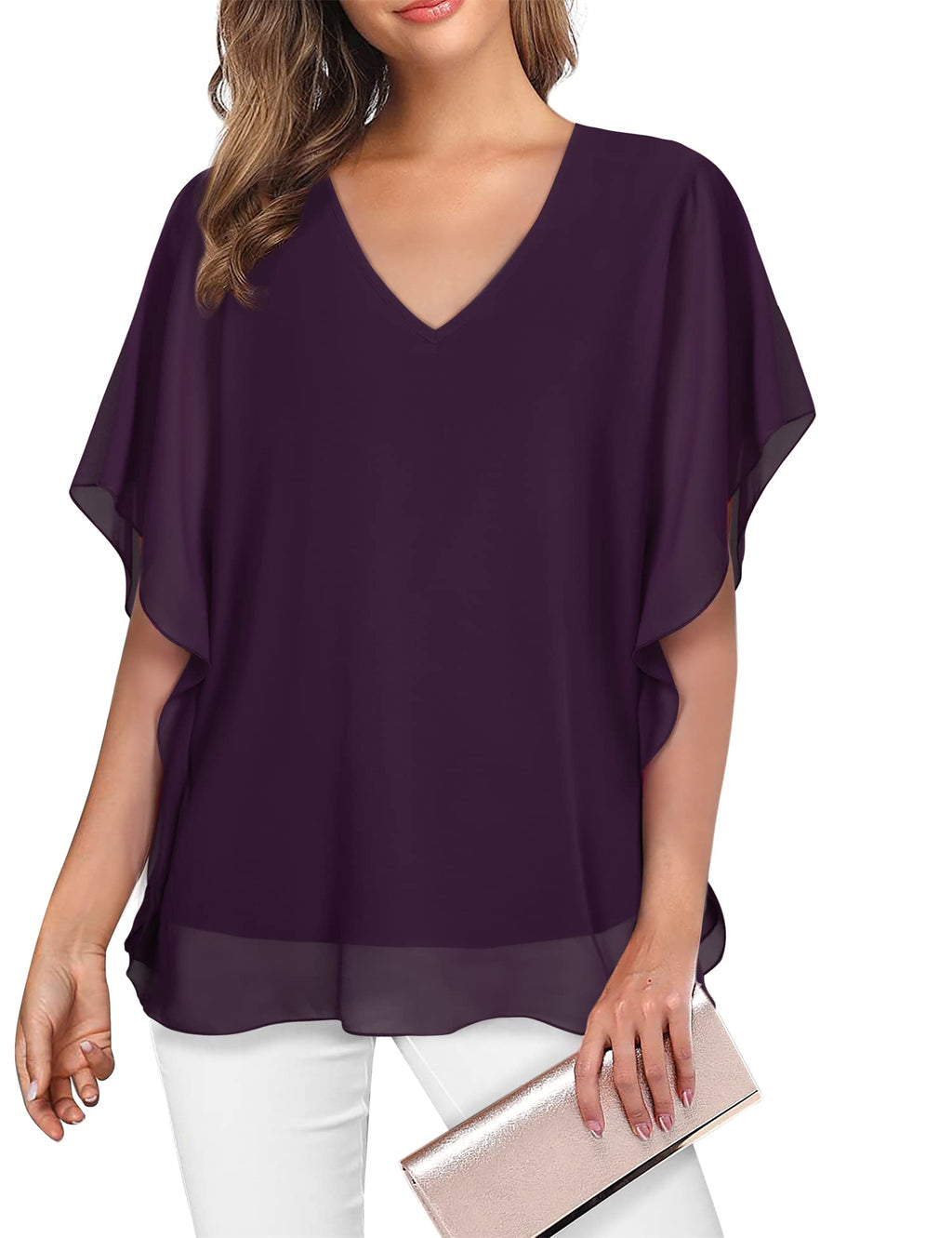 Lotusmile Women's Loose Flouncing Flutter Sleeve Double-Layered Shirt Chiffon Elegant Dressy Blouse Work Tops