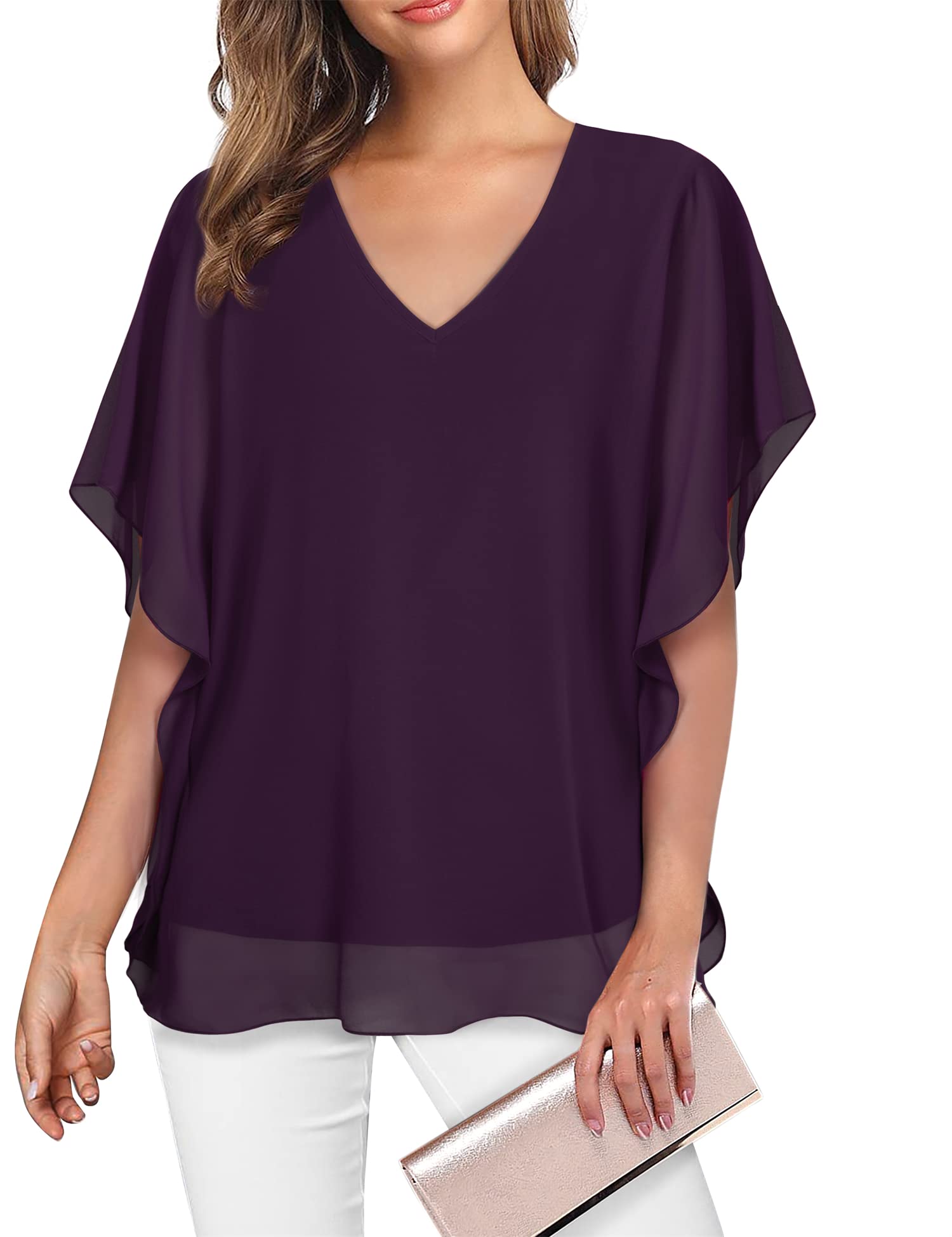 Lotusmile Women's Loose Flouncing Flutter Sleeve Double-Layered Shirt Chiffon Elegant Dressy Blouse Work Tops