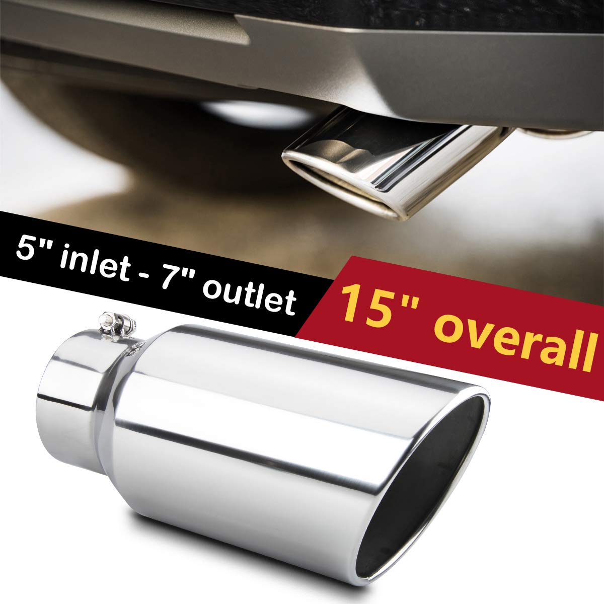 LCGP 5" Inlet Exhaust Tip, 6" Outlet 15" Long Bolt On Stainless Steel Diesel Exhaust Tailpipe Black