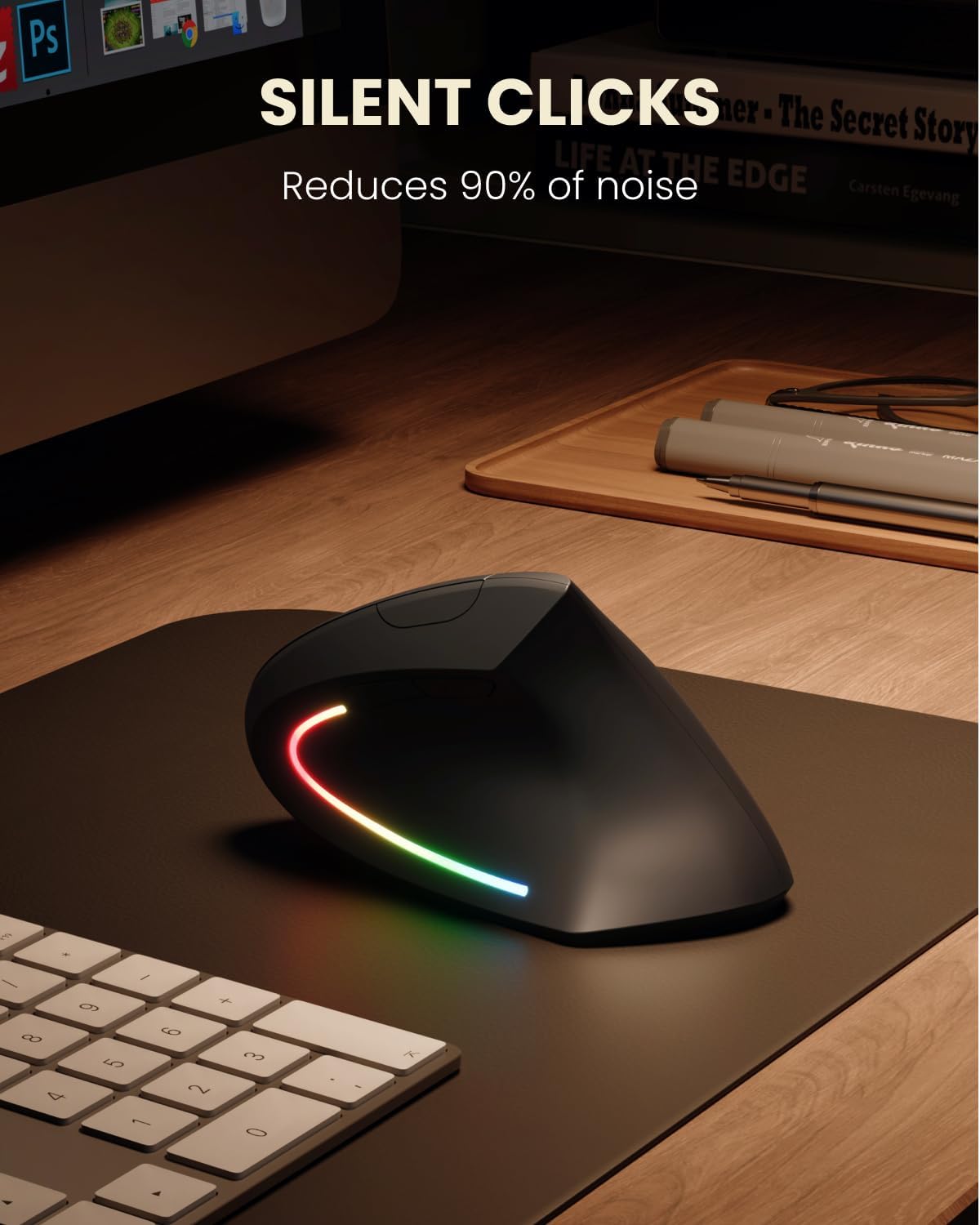 POJTK Ergonomic Wireless Rechargeable Mouse, Bluetooth+USB A+Type C(3 in 1) Connection, 5 Levels Up to 4800 DPI, 6 Silent Buttons, 2.4GHz Carpal Tunnel Vertical Mice, for Laptop, Desktop,MacBook-black