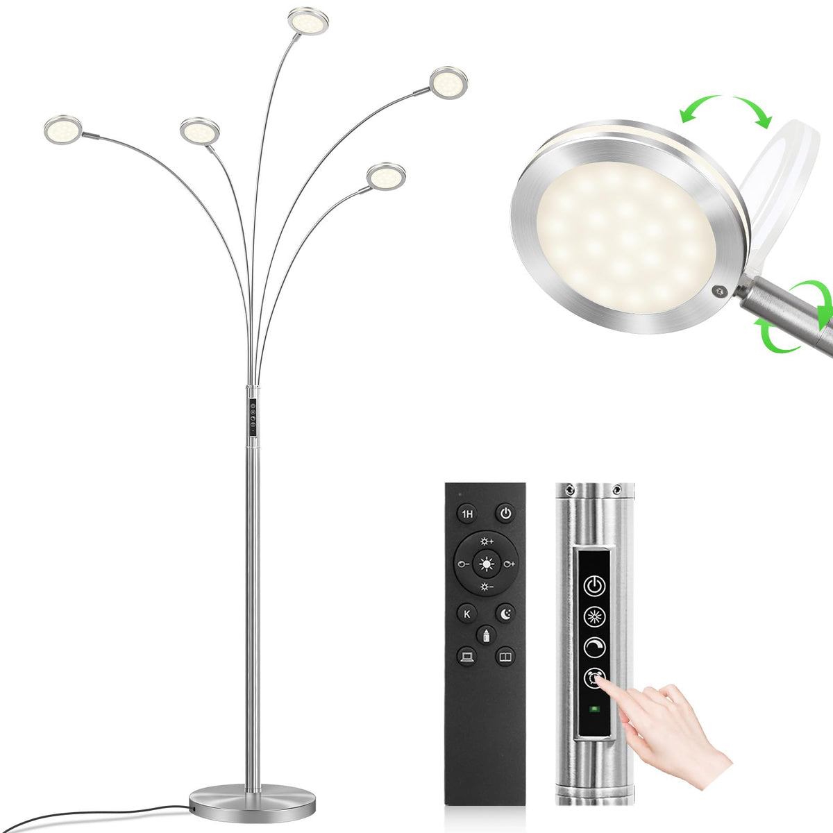 LED Arc Floor Lamp with Remote, 2250LM Dimmable Gold Floor Lamp with Timer, Adjustable Colors, Brightness & 5 Adjustable Arms, Multi-Head Tall Tree Standing Lamp for Living Room Bedroom Corner Office