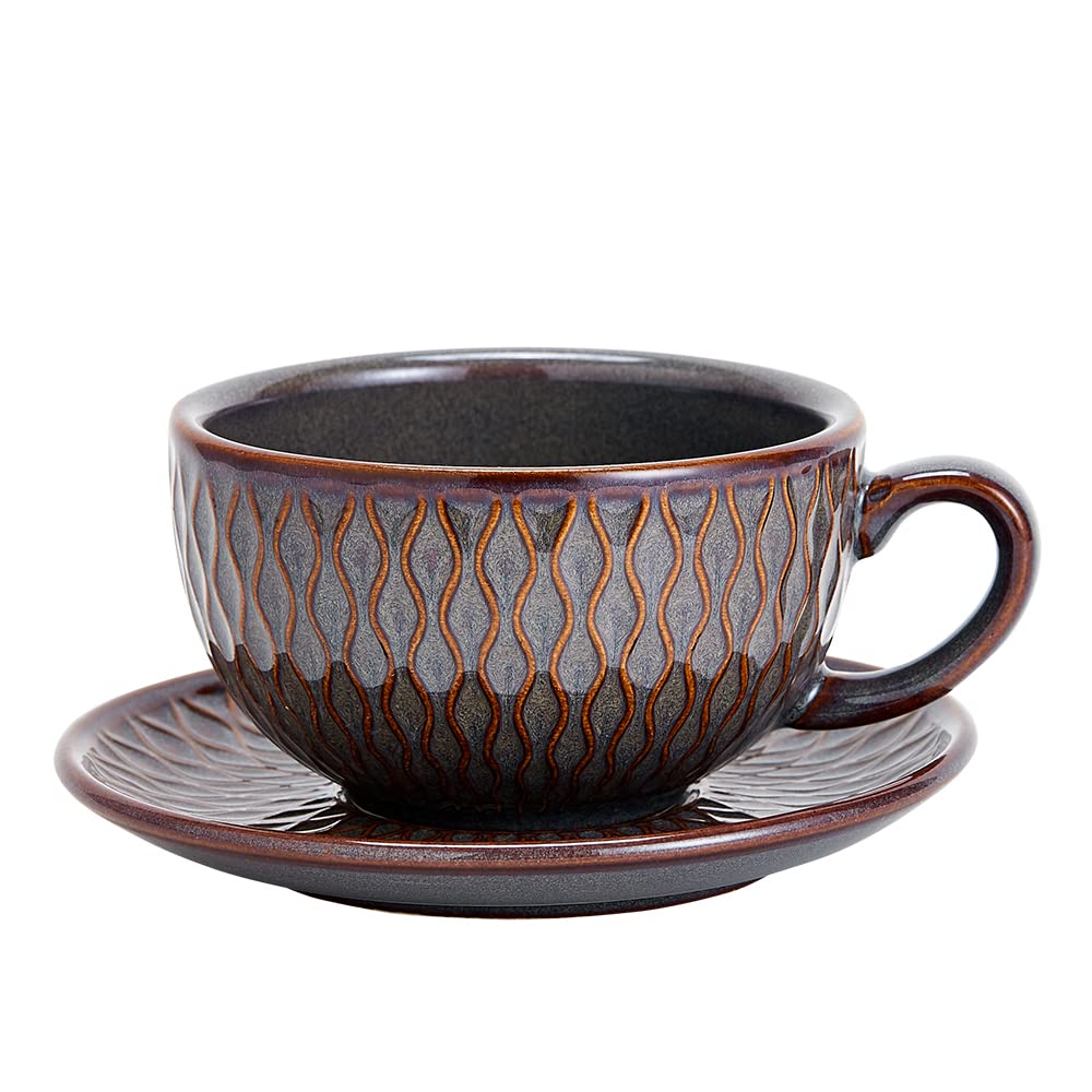 Coffeezone Vintage Design 12 oz Ceramic Latte Art Cappuccino Barista Cup with Saucer (Beige)