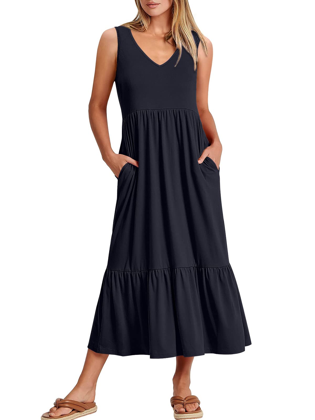 ANRABESS Women Summer Maxi Dresses A-line Tiered Flowy V Neck Sleeveless Swing 2026 Casual Beach Travel Sundress with Pockets