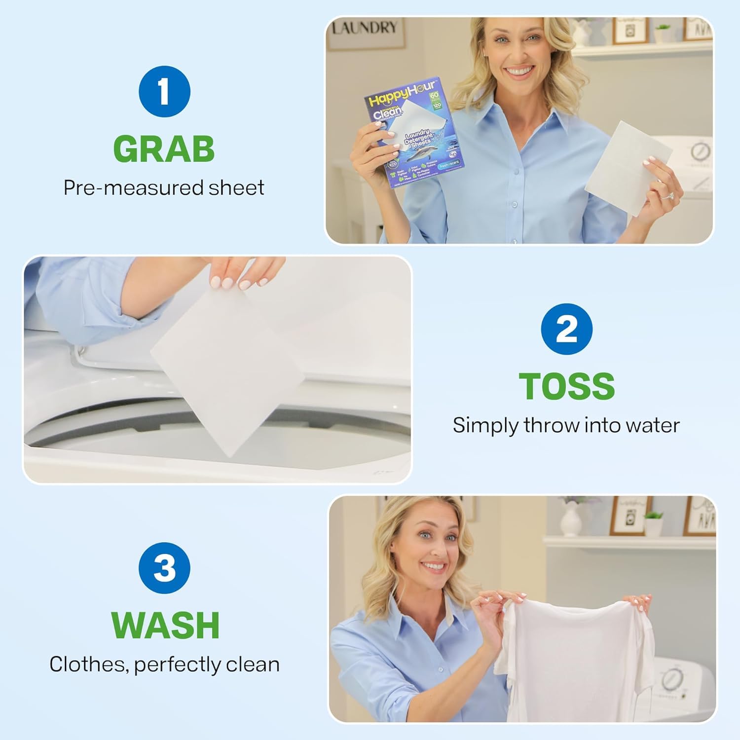 HAPPY HOUR Laundry Detergent Sheets Value Pack with up to 240 Loads, Non Toxic Laundry Sheets Detergent Soap for Sensitive Skin, Recyclable Eco Friendly, Perfect for Travel - Fresh Scent