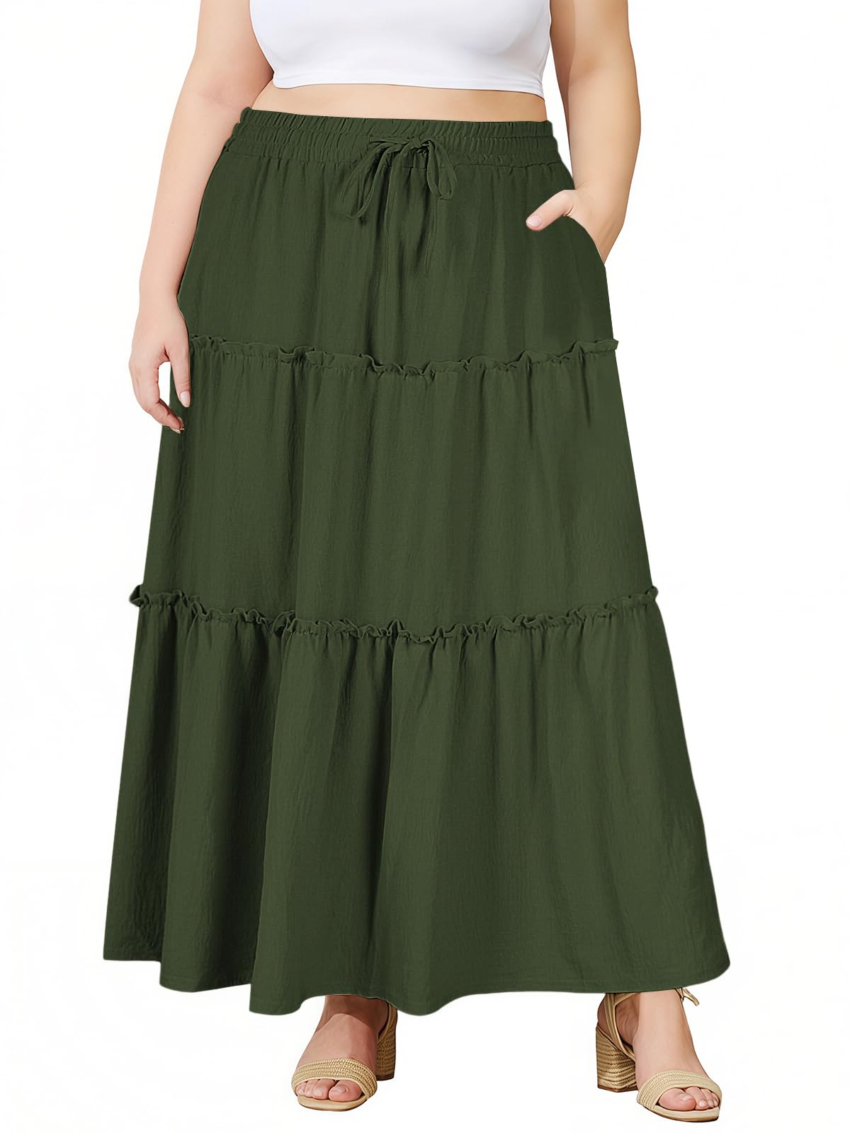 Moon Wood Plus Size Maxi Skirts for Women Trendy Long Flowy Boho Tiered Skirt Renaissance Summer Beach Skirt with Pockets