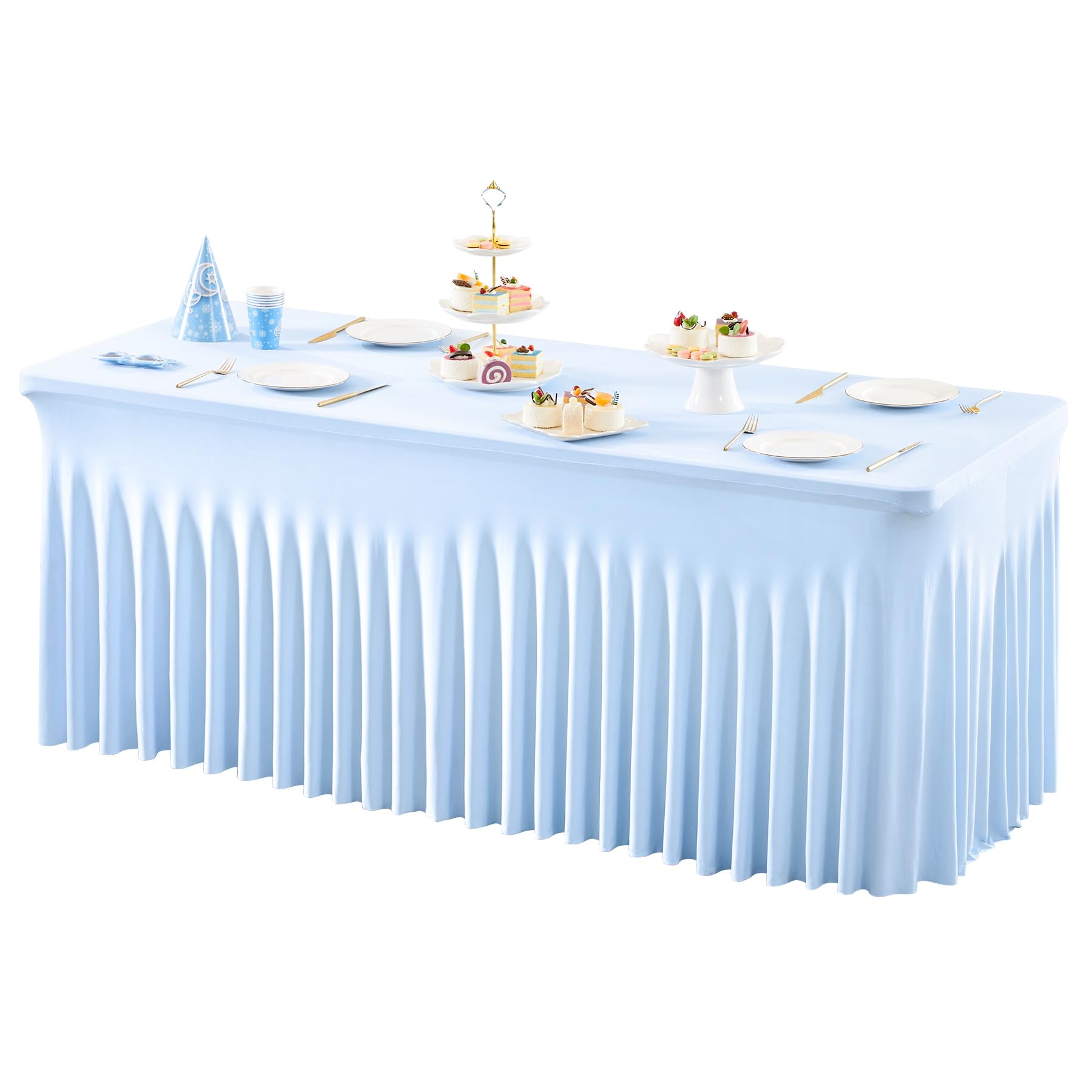 1 Pack Baby Blue Table Clothes for 4 Foot Rectangle Tables, One-Piece Wrinkle Resistant Stretch Spandex Table Covers with Skirt for Event Banquet Wedding Birthday Party