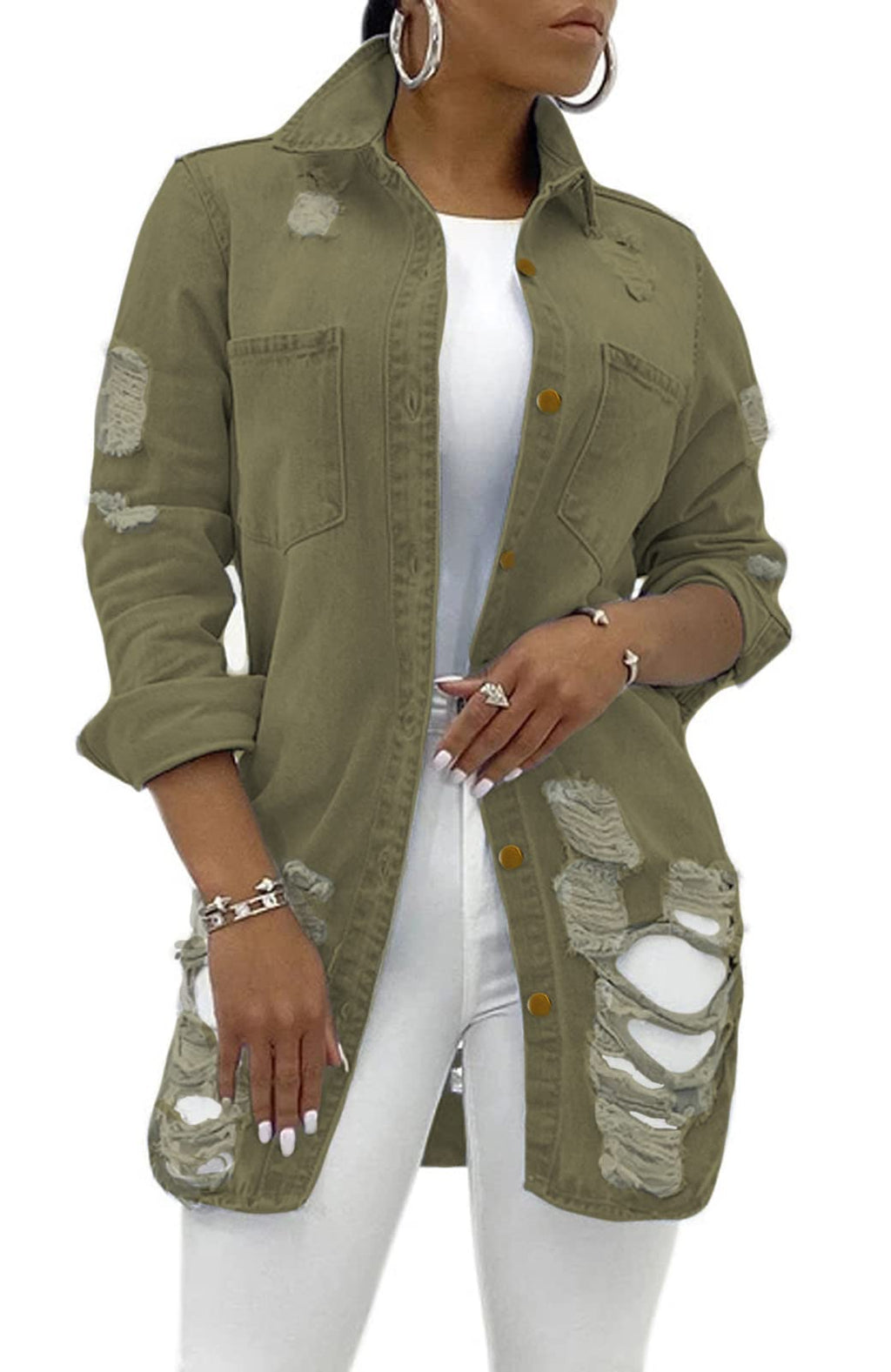 SeNight Women's Jean Jacket Long Sleeve Classic Distressed Fray Hem Tassels Denim Trucker Jackets