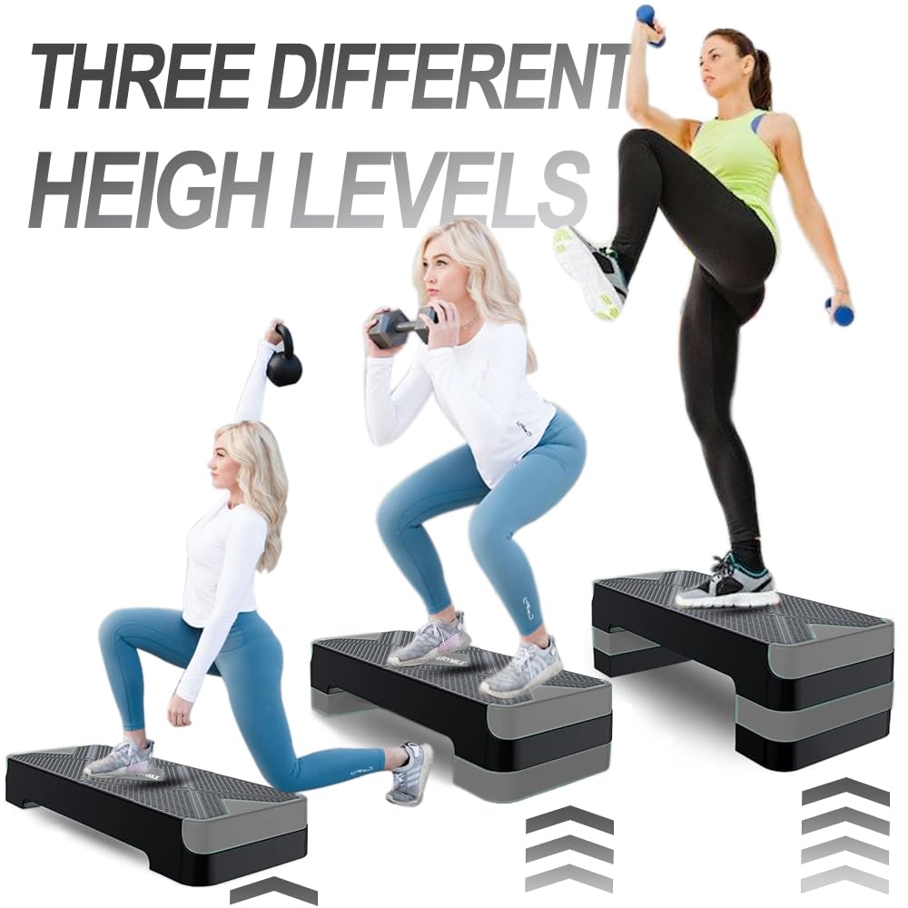 Aerobic Exercise Step, Adjustable Aerobic Stepper for Exercise, Workout Step Platform, Step Up Box, 26.5" Step Deck with 4” 6” 8” Adjustable Height Risers, Women Home Gym Fitness