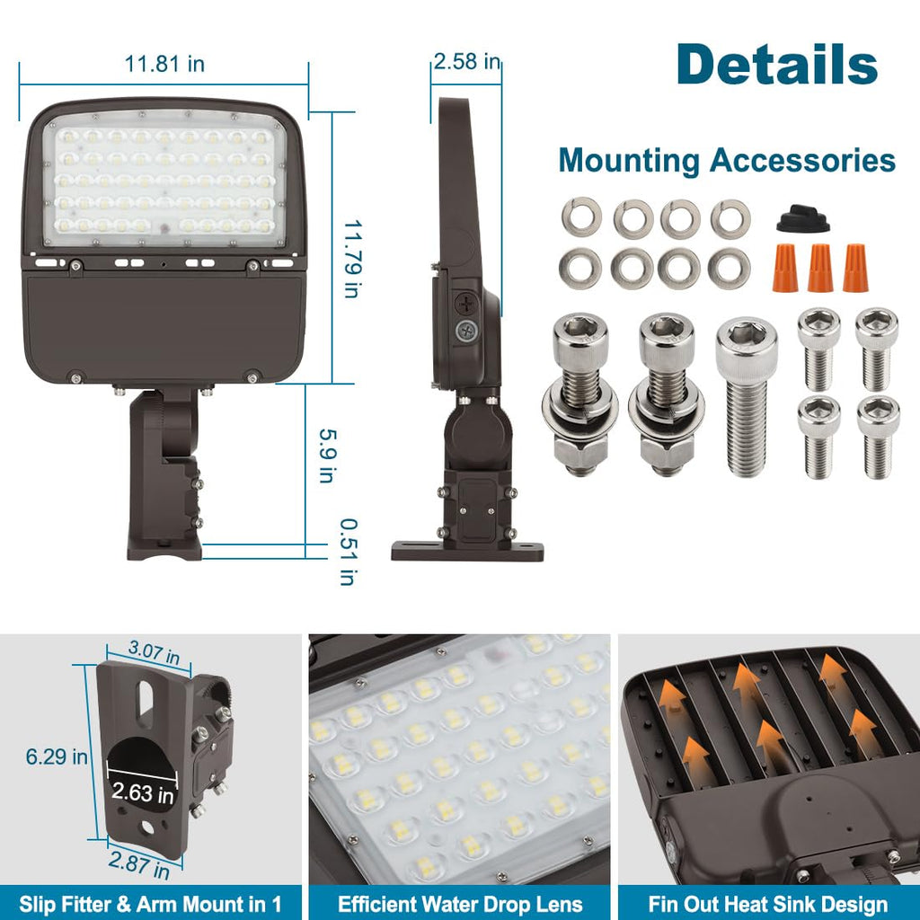 150W LED Parking Lot Light with Photocell, Outdoor Dimmable LED Pole Lights with Slip Fitter & Arm Mount in 1, 22500LM 5000K 100-277V IP65, 150W/100W/80W Power Tunable, ETL