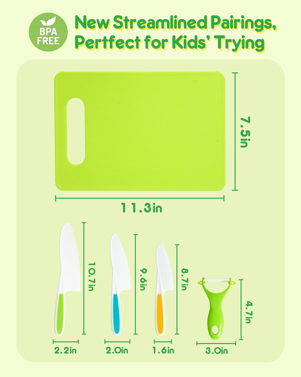 Kids Knife Set, 5 Pcs Montessori Kitchen Tools for Toddlers' Real Cooking for 3+, BPA Free Kids Safe Kitchen Cooking and Baking Set with Peeler, Cutting Board for Sandwich Bread Vegetable Fruit Gift