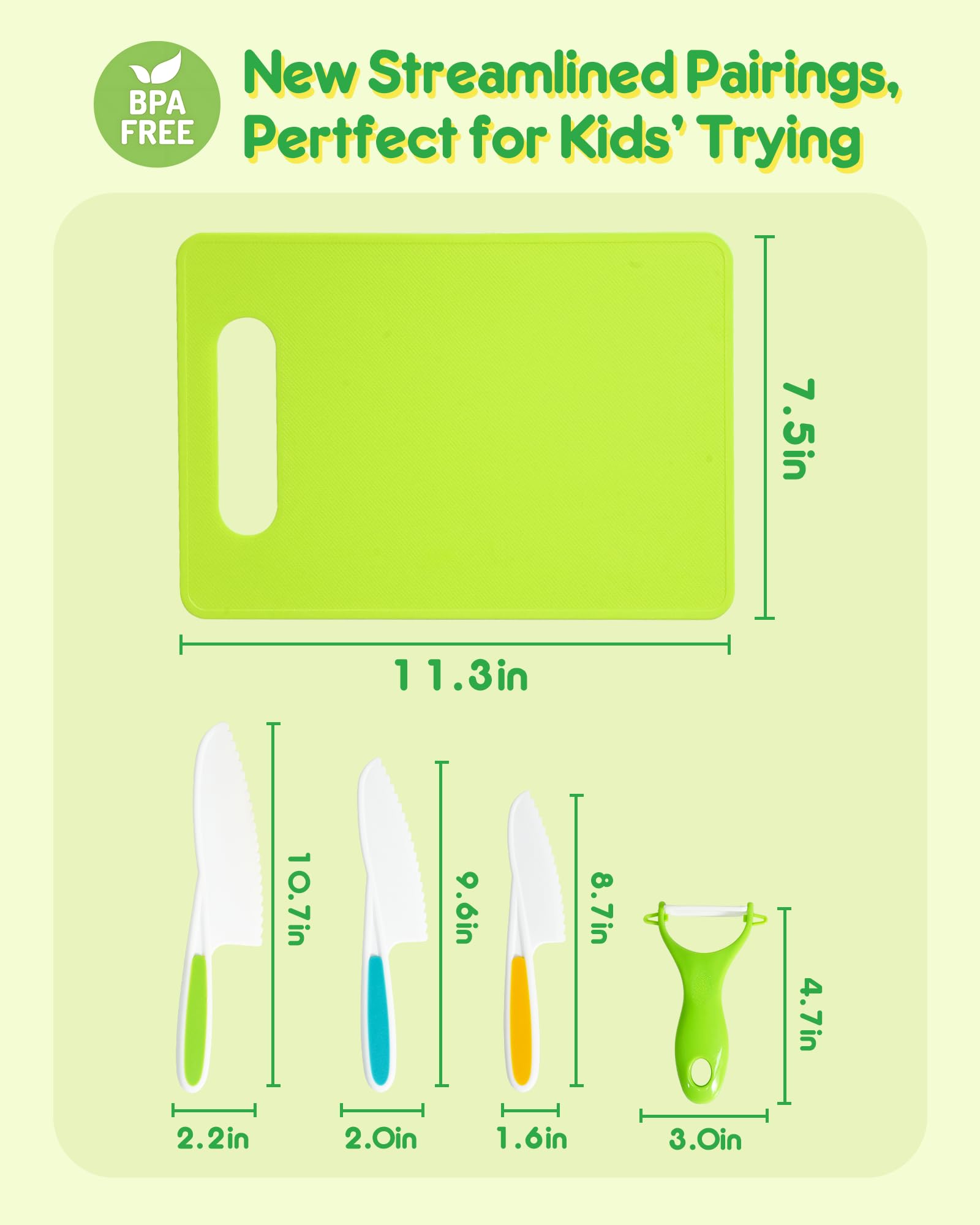 Kids Knife Set, 5 Pcs Montessori Kitchen Tools for Toddlers' Real Cooking for 3+, BPA Free Kids Safe Kitchen Cooking and Baking Set with Peeler, Cutting Board for Sandwich Bread Vegetable Fruit Gift