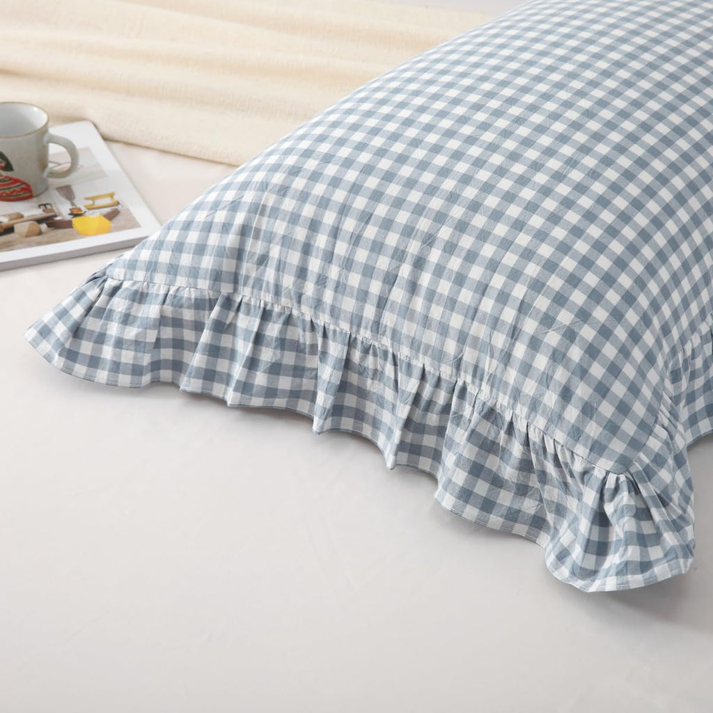 Silnuo Green/White Plaid Ruffled Queen Size Pillow Shams Set of 2,Washed Cotton Shabby Checkered Gingham Farmhouse Bed Pillow Covers 20"x30"