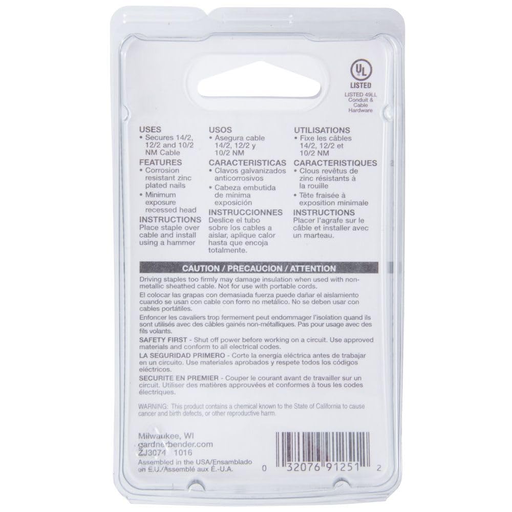 Gardner Bender PS-150Z Plastic Staple, ½ Inch., Secures Romex, UF & (NM) Non-Metalic Cable, Polyethylene - UV Resistant, Splinter Free, Application: 14/2, 12/2, 10/2 (NM) Non-Metalic Cable, 100 Pk., White