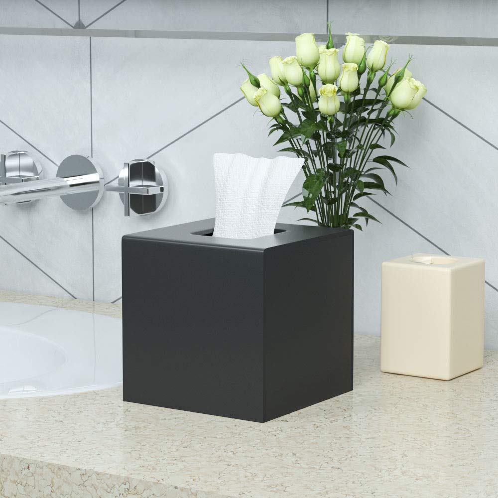 HIIMIEI Tissue Box Cover, Acrylic Tissue Holder Napkin Dispenser for Home Office Restaurant Desk Decor, Black Square 5.4x5.4x5.4''