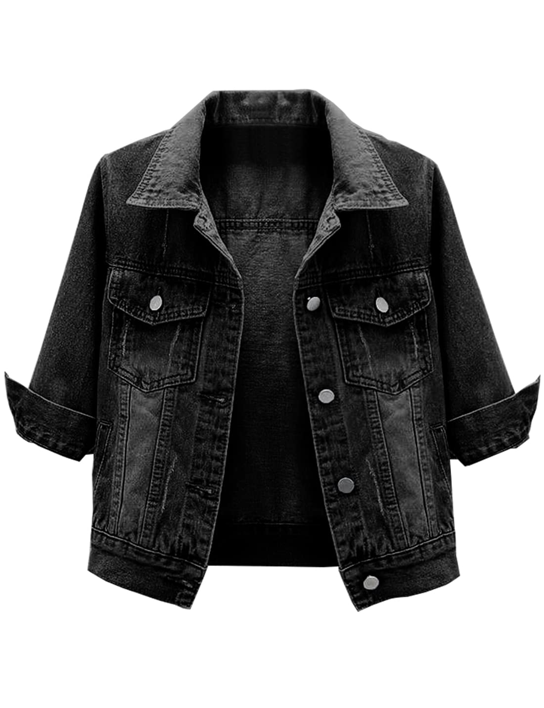 Locachy Womens 3/4 Sleeve Short Denim Jacket Lapel Button Down Cropped Trucker Jean Jackets Coats