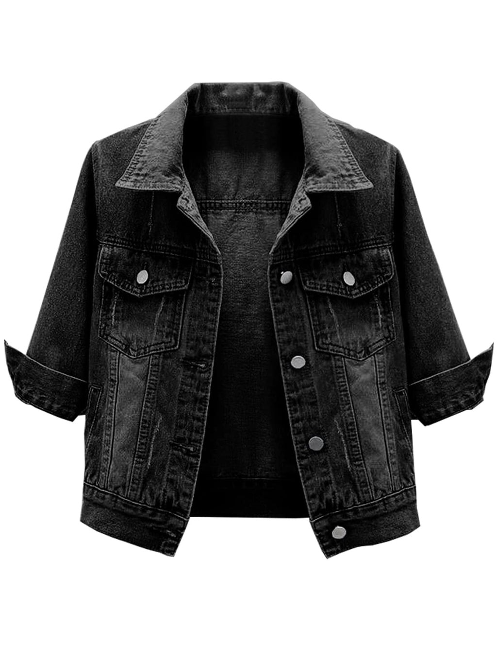 Locachy Womens 3/4 Sleeve Short Denim Jacket Lapel Button Down Cropped Trucker Jean Jackets Coats