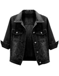 Locachy Womens 3/4 Sleeve Short Denim Jacket Lapel Button Down Cropped Trucker Jean Jackets Coats