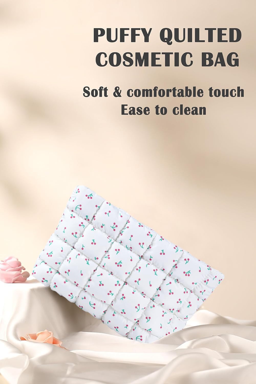 Puffy Quilted Makeup Bag for Women, Cosmetic Bag, Travel Toiletry Organizer Pouch Clutch (Black Flowers)