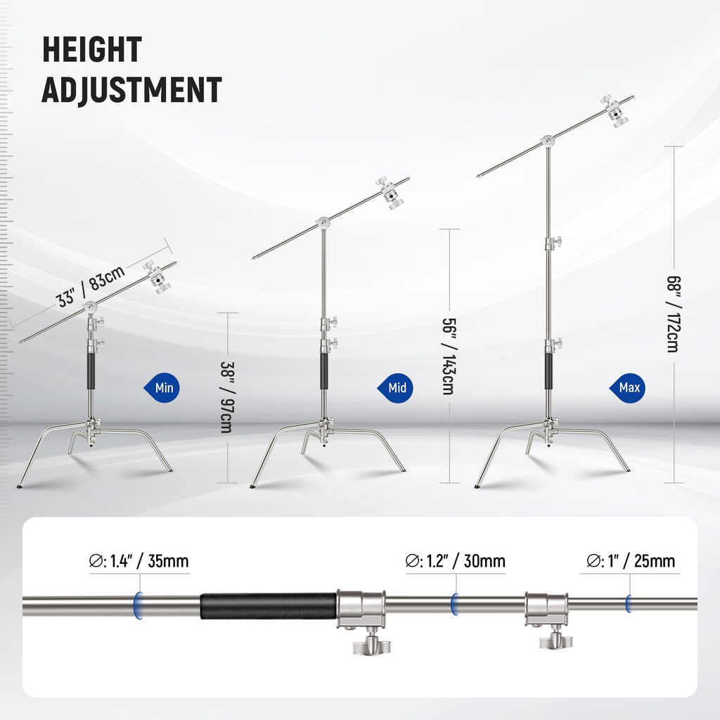NEEWER Pro 100% Stainless Steel Heavy Duty C Stand with Boom Arm, Max Height 68"/172cm Photography Light Stand with 2.7ft/83cm Holding Arm, 2 Grip Head for Studio Monolight, Softbox, Reflector, SC172