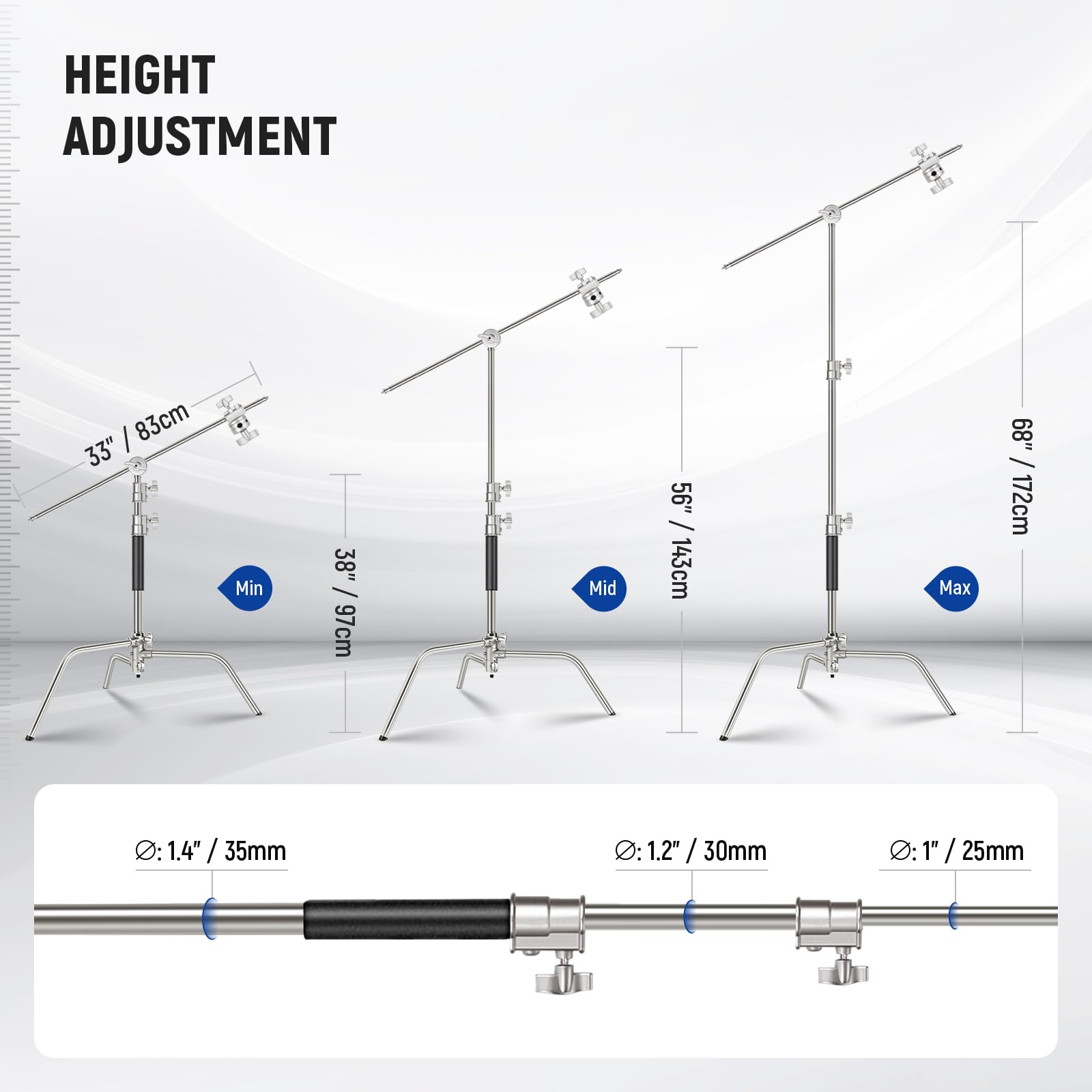 NEEWER Pro 100% Stainless Steel Heavy Duty C Stand with Boom Arm, Max Height 68"/172cm Photography Light Stand with 2.7ft/83cm Holding Arm, 2 Grip Head for Studio Monolight, Softbox, Reflector, SC172
