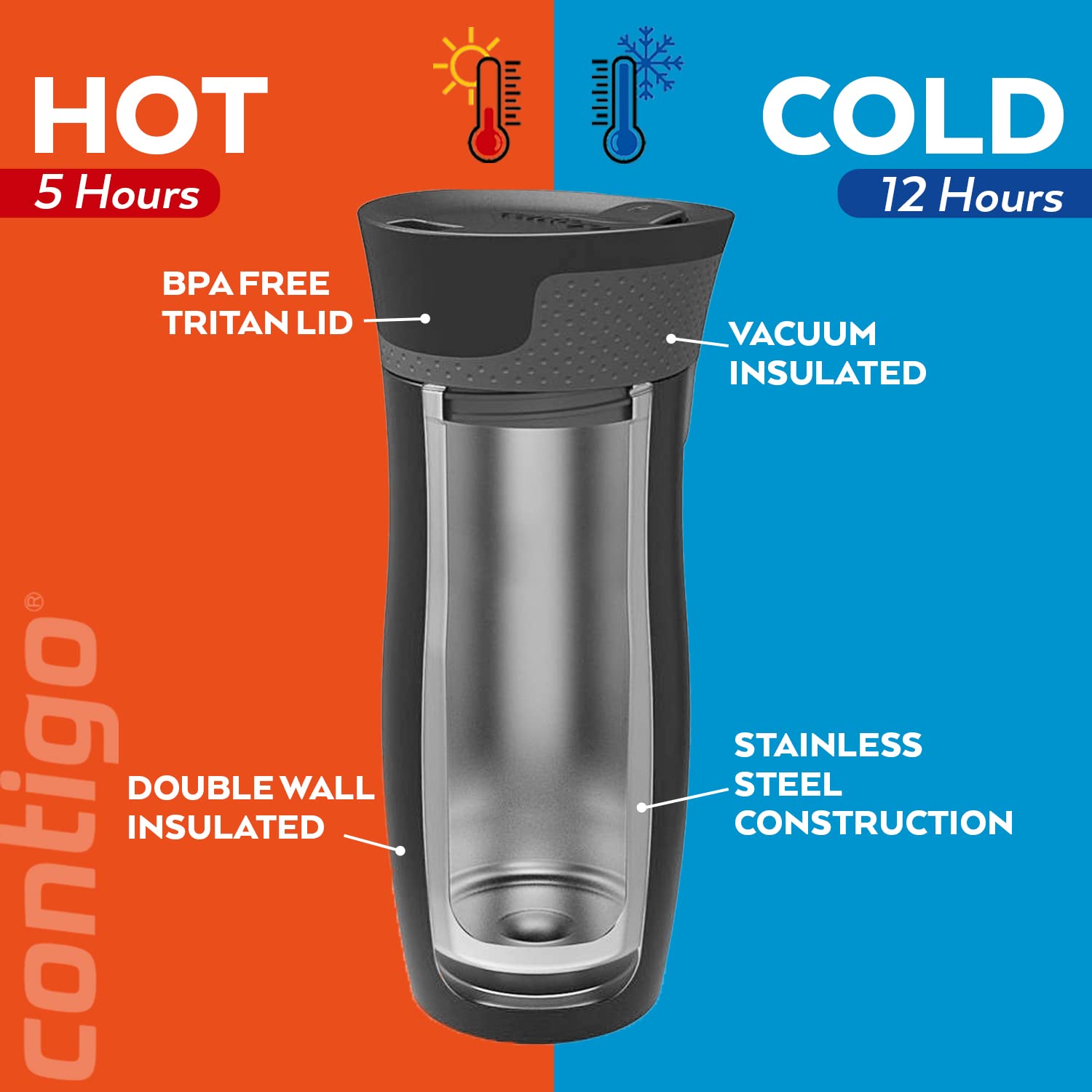 Contigo West Loop Autoseal Travel Mug, Stainless Steel Thermal Mug, Vacuum Flask, Leakproof Tumbler, Coffee Mug with BPA-Free Easy-Clean Lid