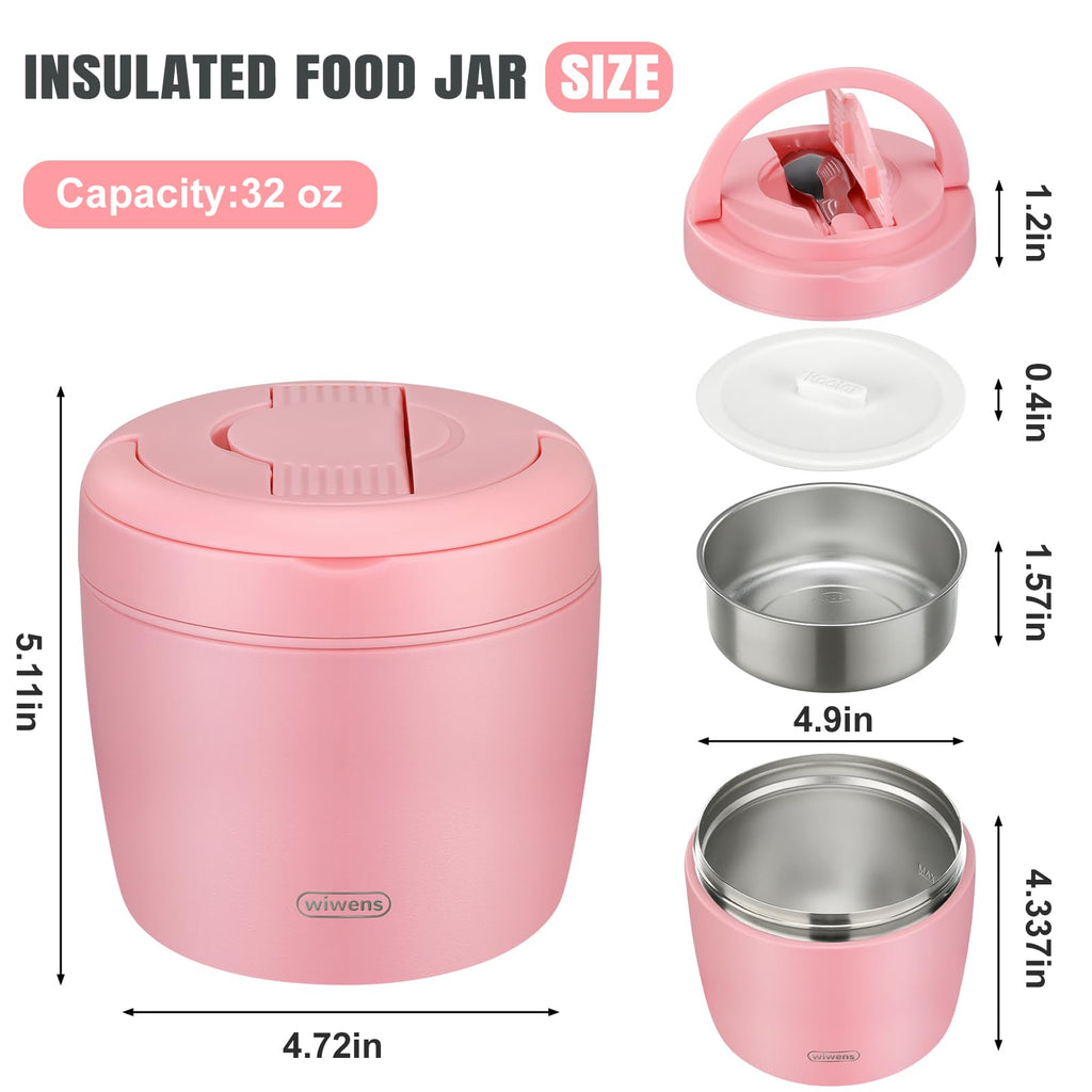 wiwens Thermo Food Jar for Hot Food Adults 32OZ Soup Thermo Lunch Containers Wide Mouth Vacuum Insulated Stainless Steel Leakproof Bento Box with Spoon (Beige)