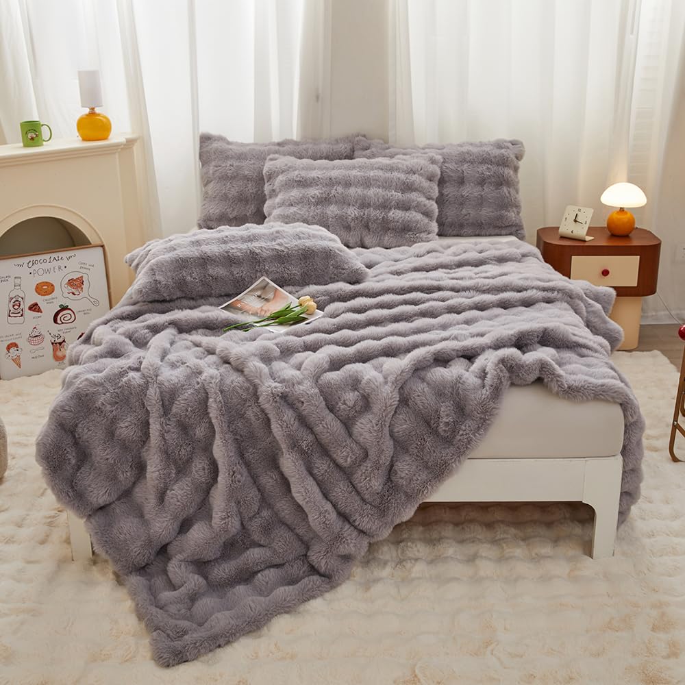 Faux Fur Kids Girls Purple Rainbow Comforter Sets Twin/Full - 3PC Bed Set Warm Comfortable Soft Plush Flannel Velvet Fluffy Fuzzy Bedding（Comforter x 1 Pillowcases x 2）