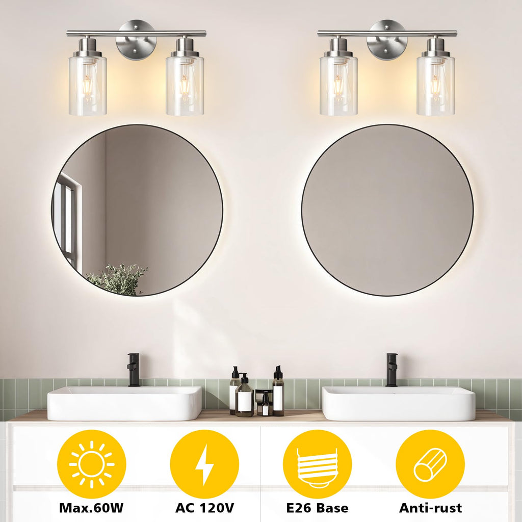 Unicozin 2 Pack Modern Bathroom Light Fixtures, 3 Light Vanity Lights, Black Wall Lamp with Clear Glass for Bathroom, Mirror, Living Room, Bedroom, Hallway, E26 Base