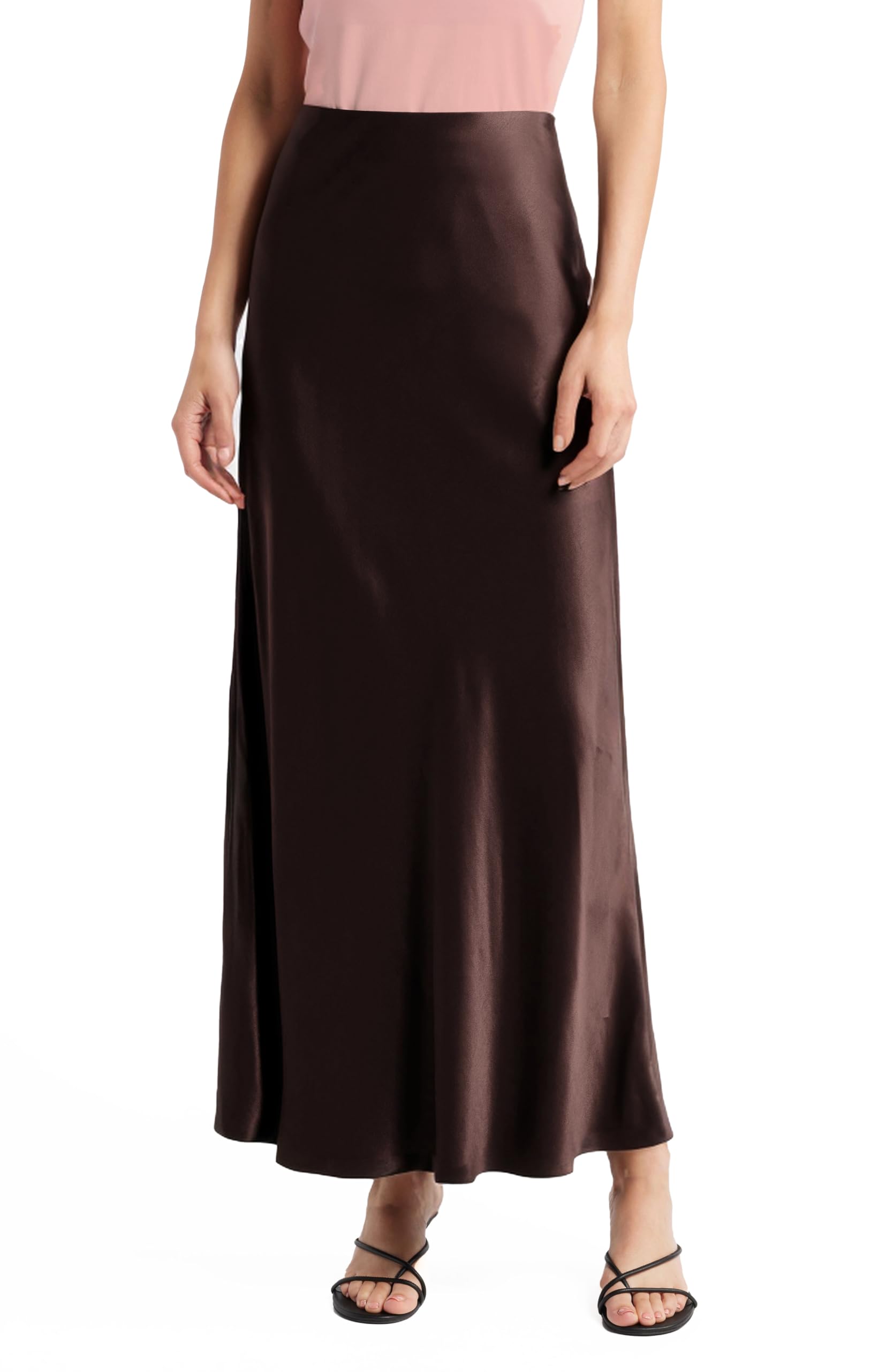 Women's Solid Satin High Waist Midi Long Skirt Hidden Elastic Waistband Skirt for Women-Made in USA