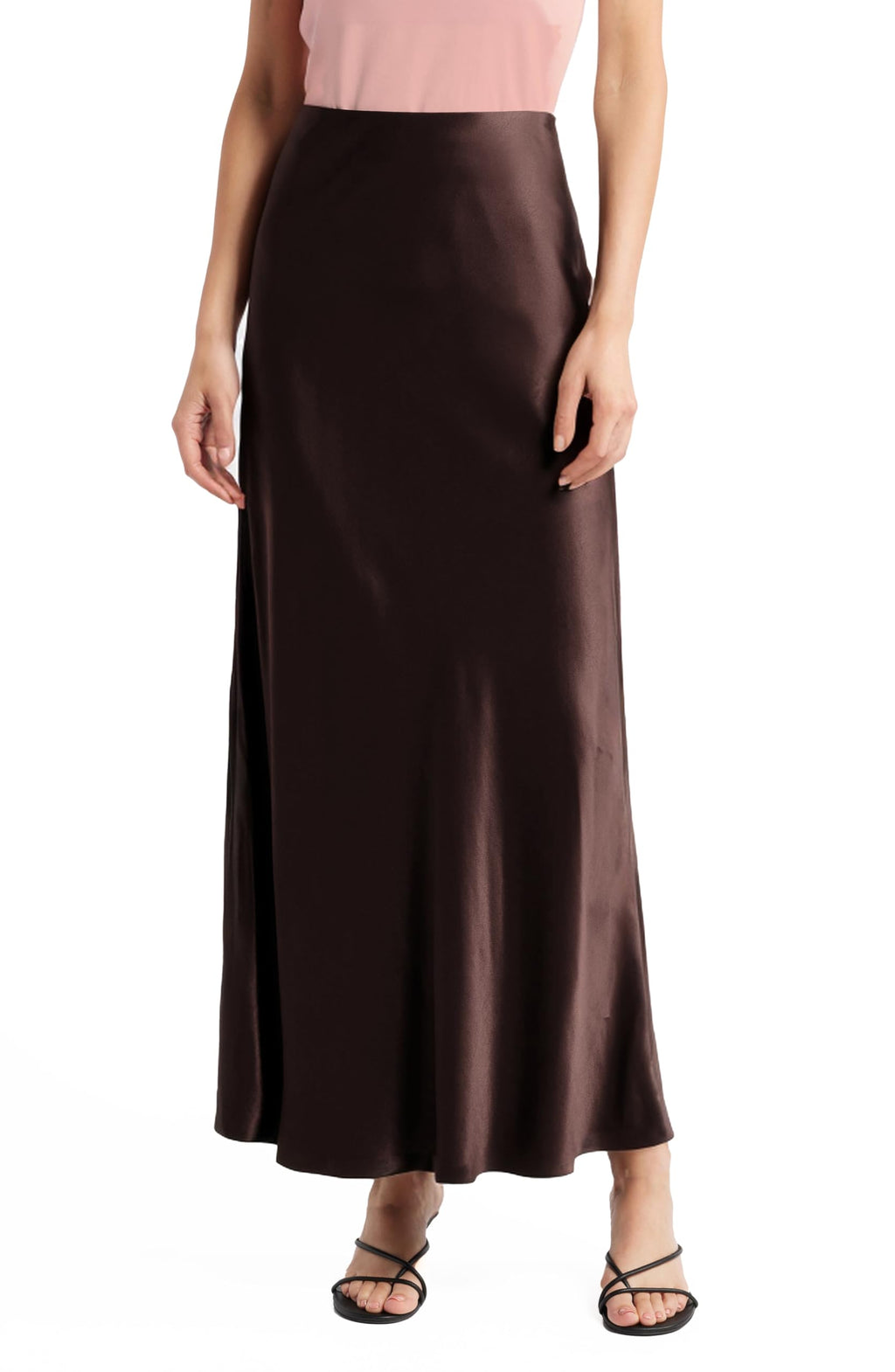 Women's Solid Satin High Waist Midi Long Skirt Hidden Elastic Waistband Skirt for Women-Made in USA