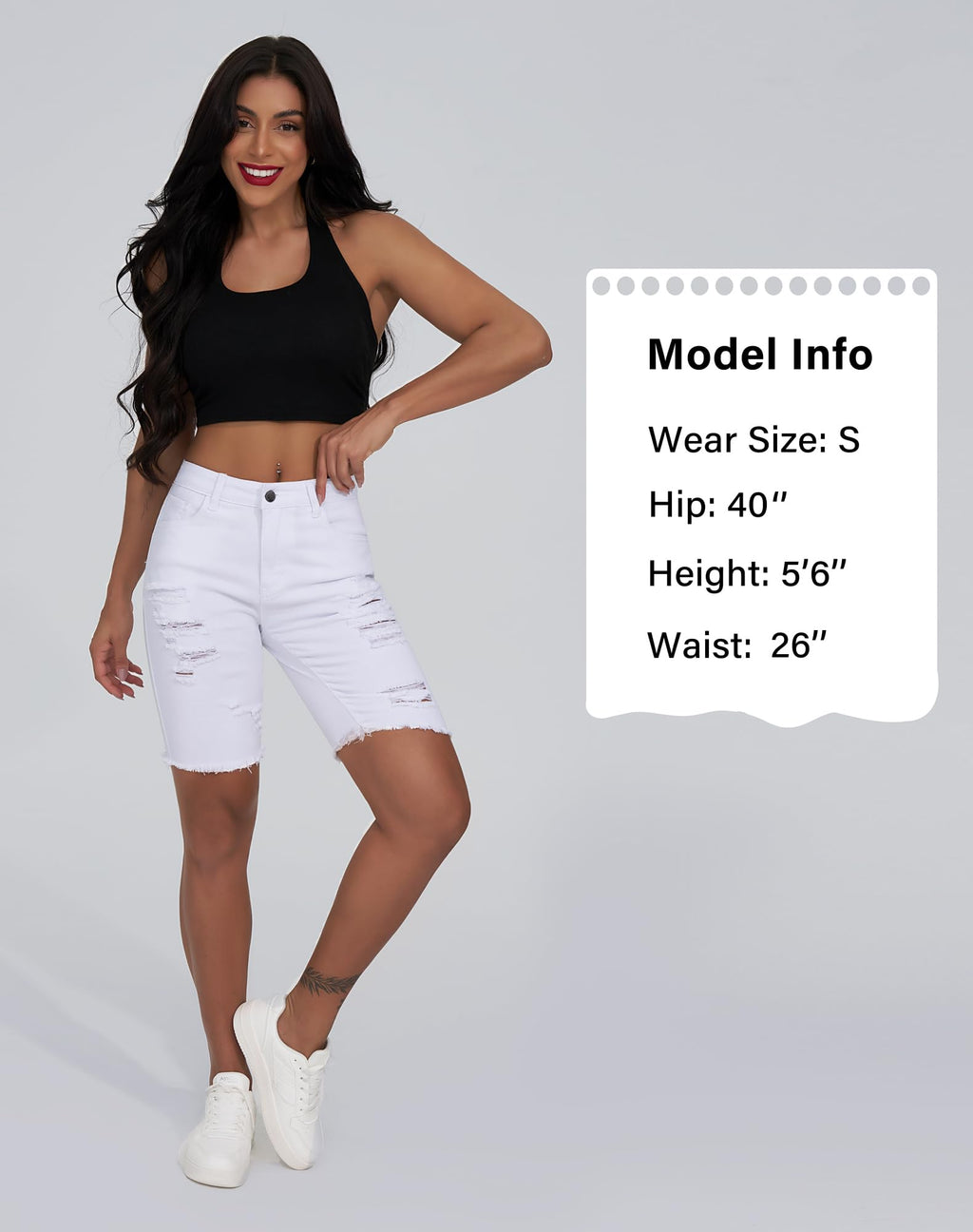 roswear Womens Ripped Stretchy Long Jean Shorts Mid Rise Frayed Cut Off Bermuda Shorts