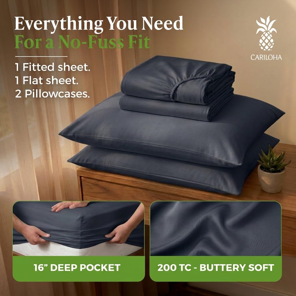 Cariloha Aloha Soft 100% Organic Bamboo Viscose Sheets – 4-Piece Queen Sheet Set – 16 in Deep Pockets – Buttery Soft, Hypoallergenic, Cooling Sheets – Oeko-TEX Standard 100 – Cape Blue