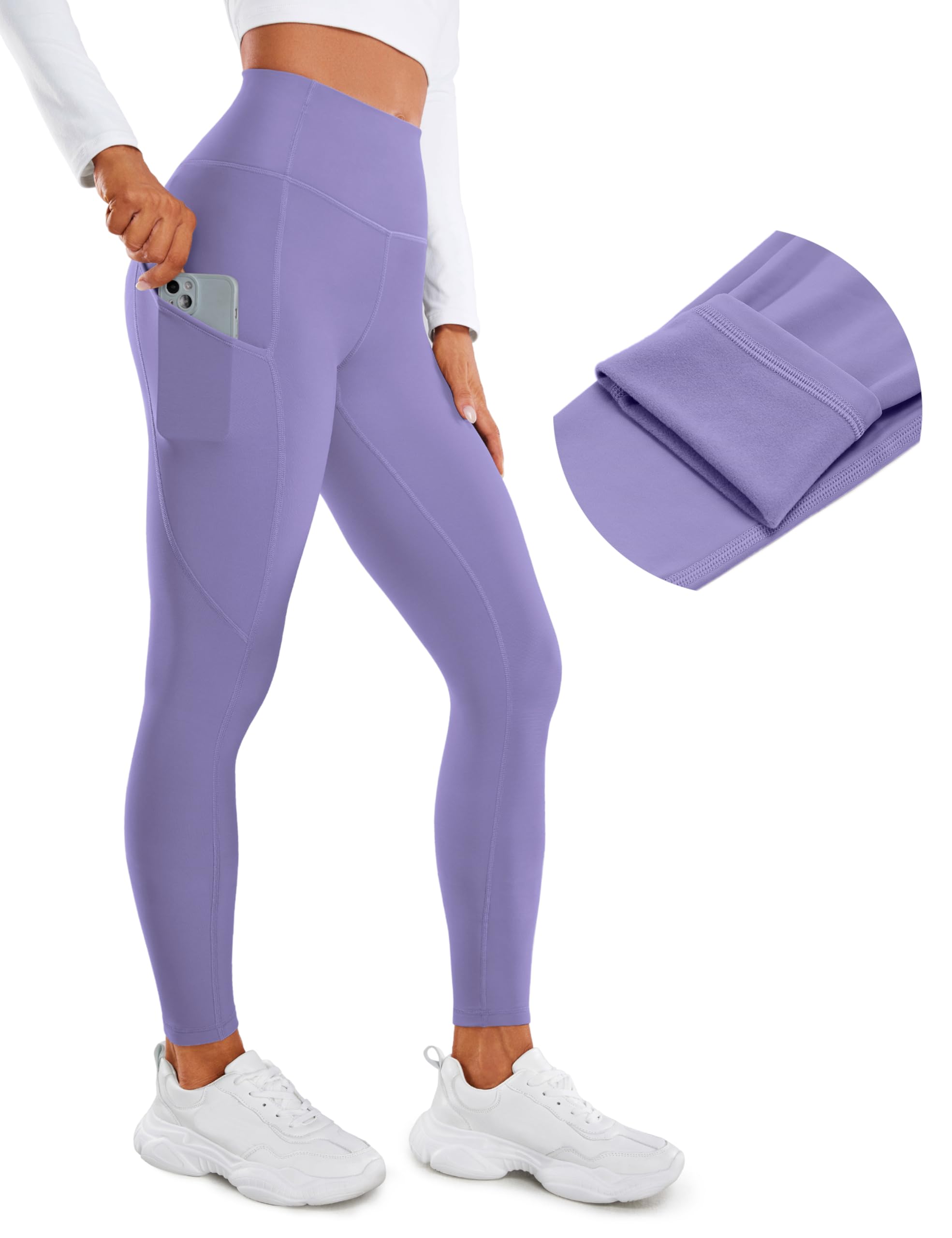 CRZ YOGA Fleece Lined Leggings Pockets 28'' - Thermal Casual Lounge Workout Womens Yoga Full Length Pants Winter Warm