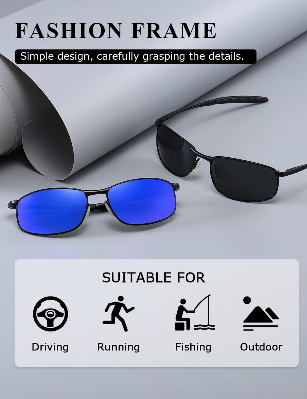 AEVOGUE Polarized Sunglasses For Men Rectangle Metal Frame Retro Sun Glasses AE0395