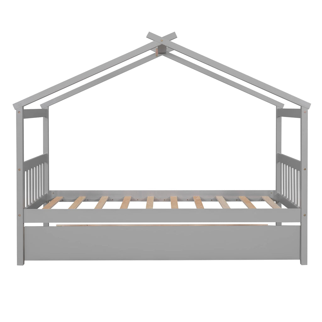 Merax Twin Size Wooden House Bed with Two Drawers, Wood Bed Frame with Roof for Kids, Teens, Boys or Girls, Grey
