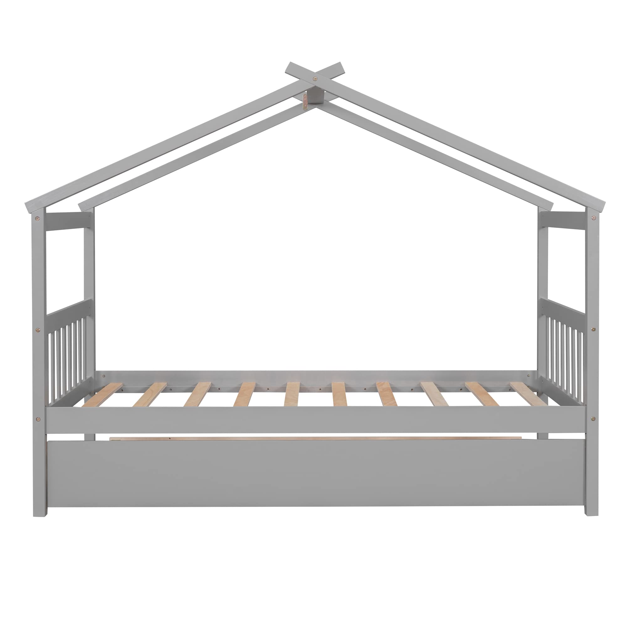 Merax Twin Size Wooden House Bed with Two Drawers, Wood Bed Frame with Roof for Kids, Teens, Boys or Girls, Grey