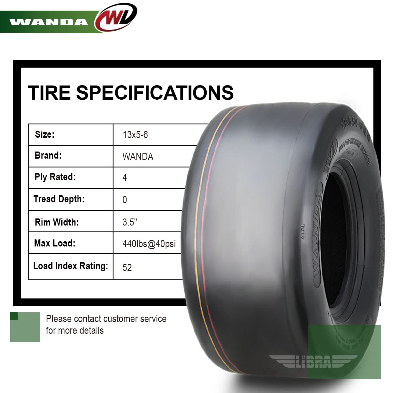 WANDA 11x4-5 Zero Turn Lawn Mower Utility Cart Turf Tire 11x4x5 11x4.00-5/4 Ply - 13204