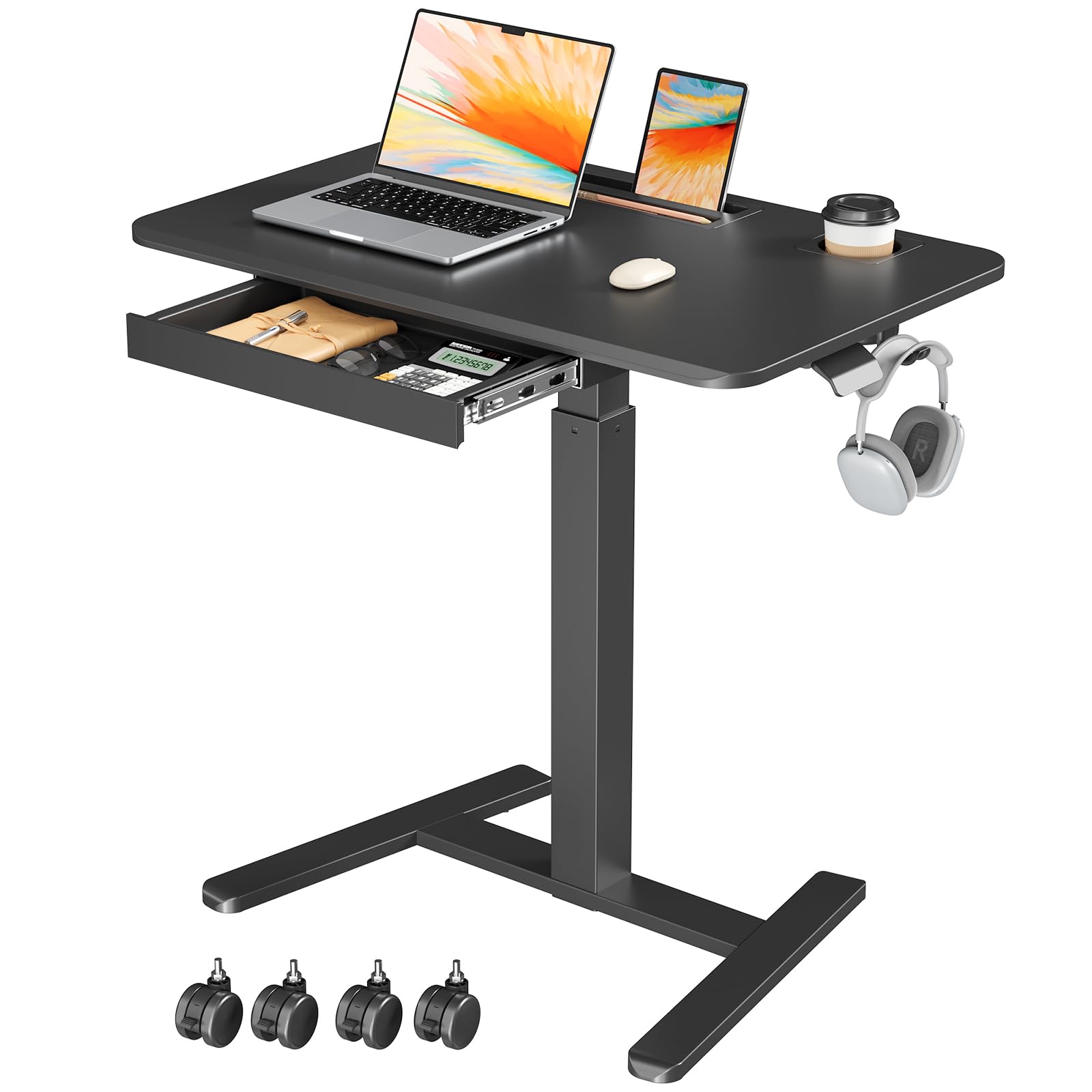 Small Mobile Standing Desk with Drawer, 23.6"x19.7" Rolling Laptop Cart on Wheels, Height Adjustable Sit Stand Computer Workstation with Storage for Compact Space, Black