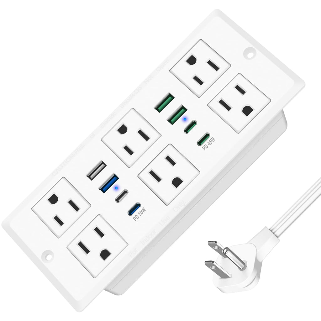 45W Recessed Power Strip, Flush Mounted Surge Protector(1200J) with 6 AC Outlets & 8 USB Ports(4 USB-C), 45°Flat Plug, 6FT Flat Power Cord(Black)