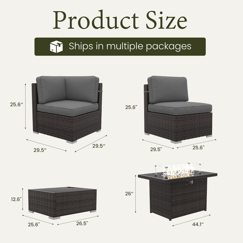 LayinSun 7 Pieces Outdoor Patio Furniture Set with 44" Fire Pit Table Rattan Sectional Sofa Conversation Sets