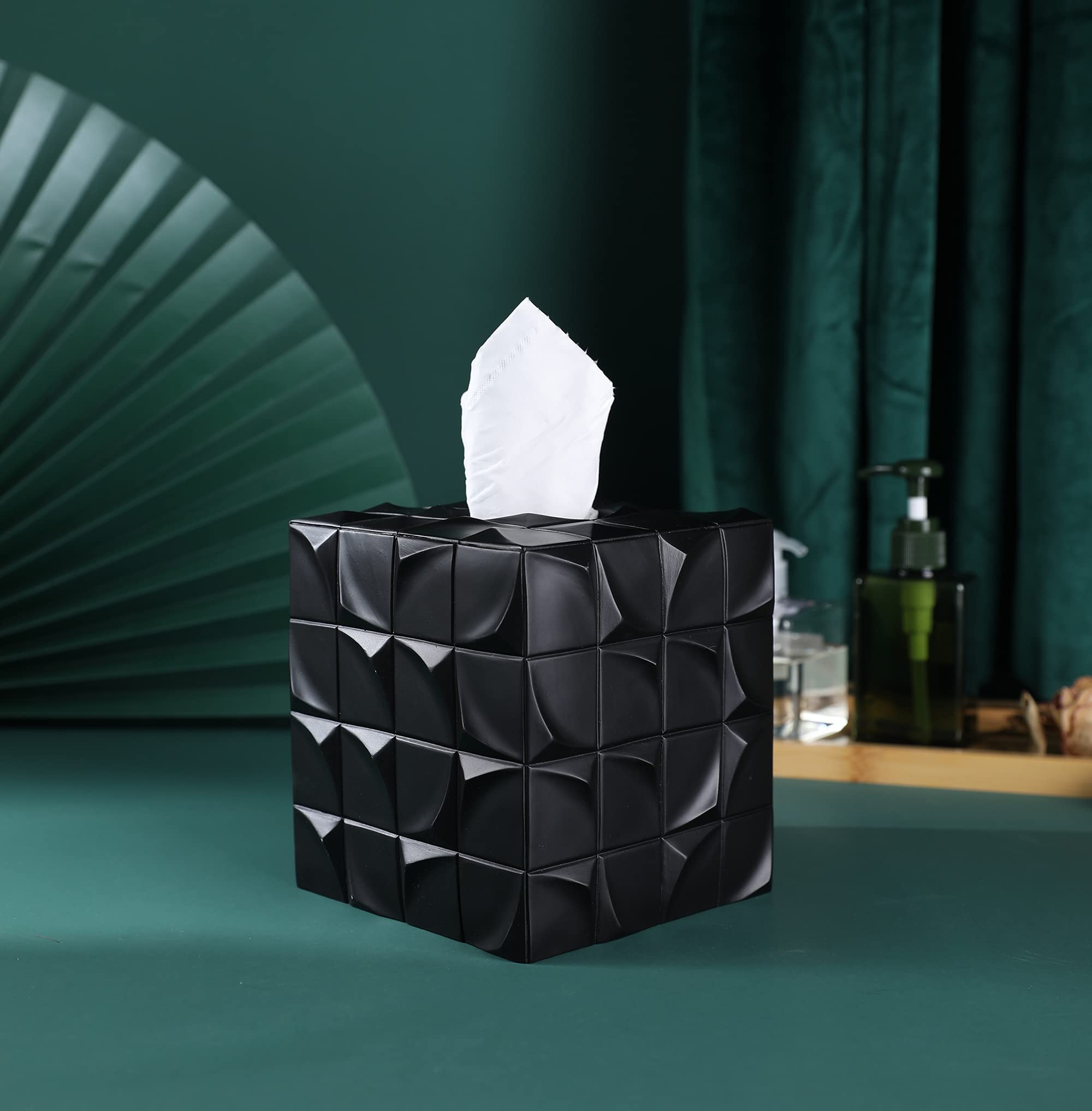 Hymmah Square Tissue Box Cover Holder with Tray,Unique Cube Design Tissue Dispenser Cover Decor for Vanity Counter Tops Also Great for Bedroom and Living Room