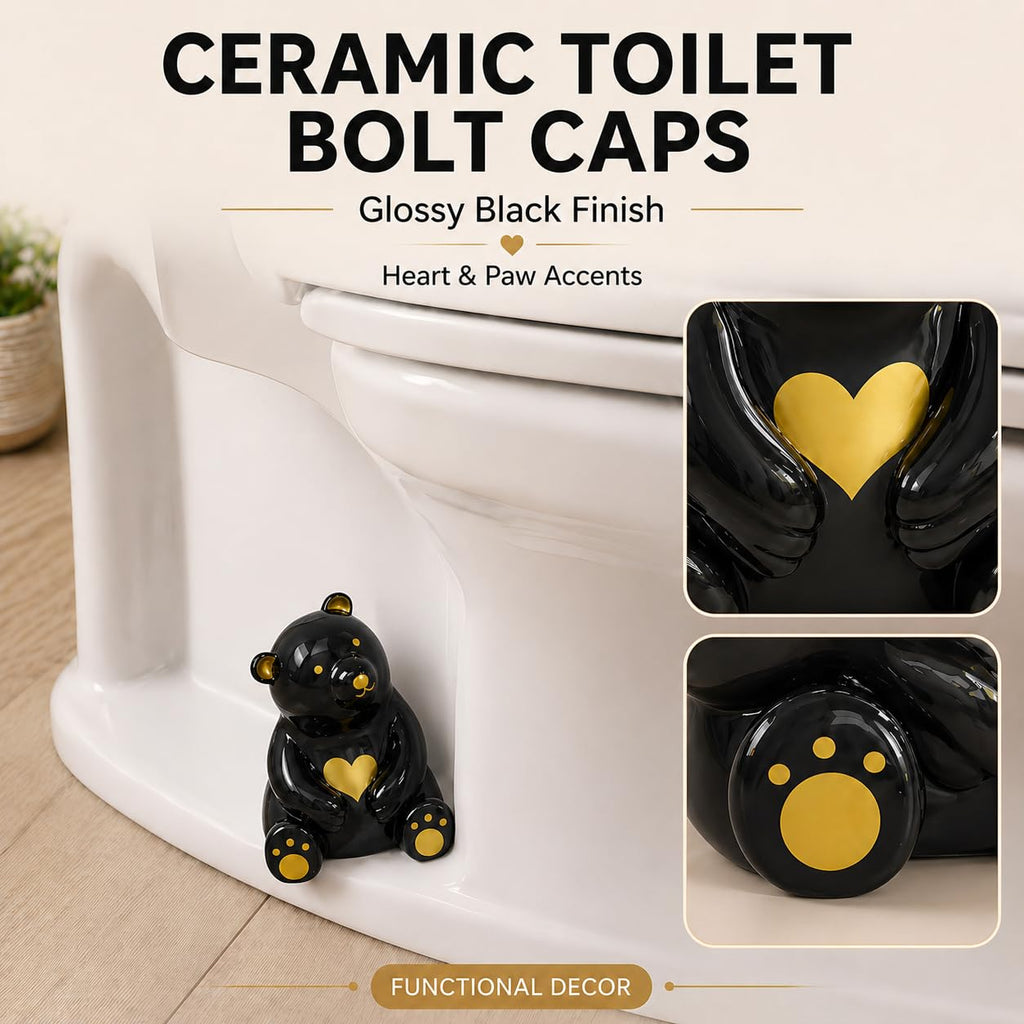 MENNTY Black Polar Bear Toilet Bolt Covers Decorative - 2 Glossy Black Ceramic Toilet Bolt Caps + 4 Universal Toilet Caps for Bottom of Toilet, Modern Monochrome Bathroom Decor